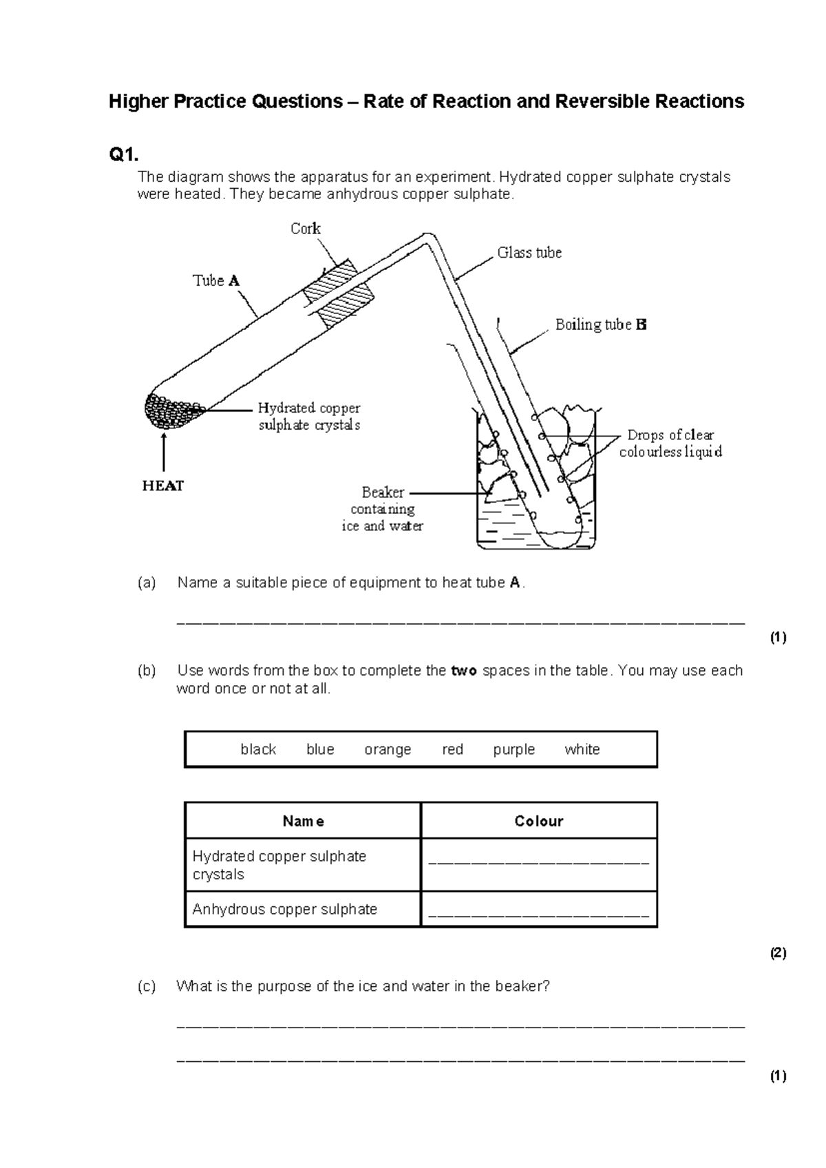 Higher Practice Questions: Rate of Reaction & Reversible Reactions Q1 ...