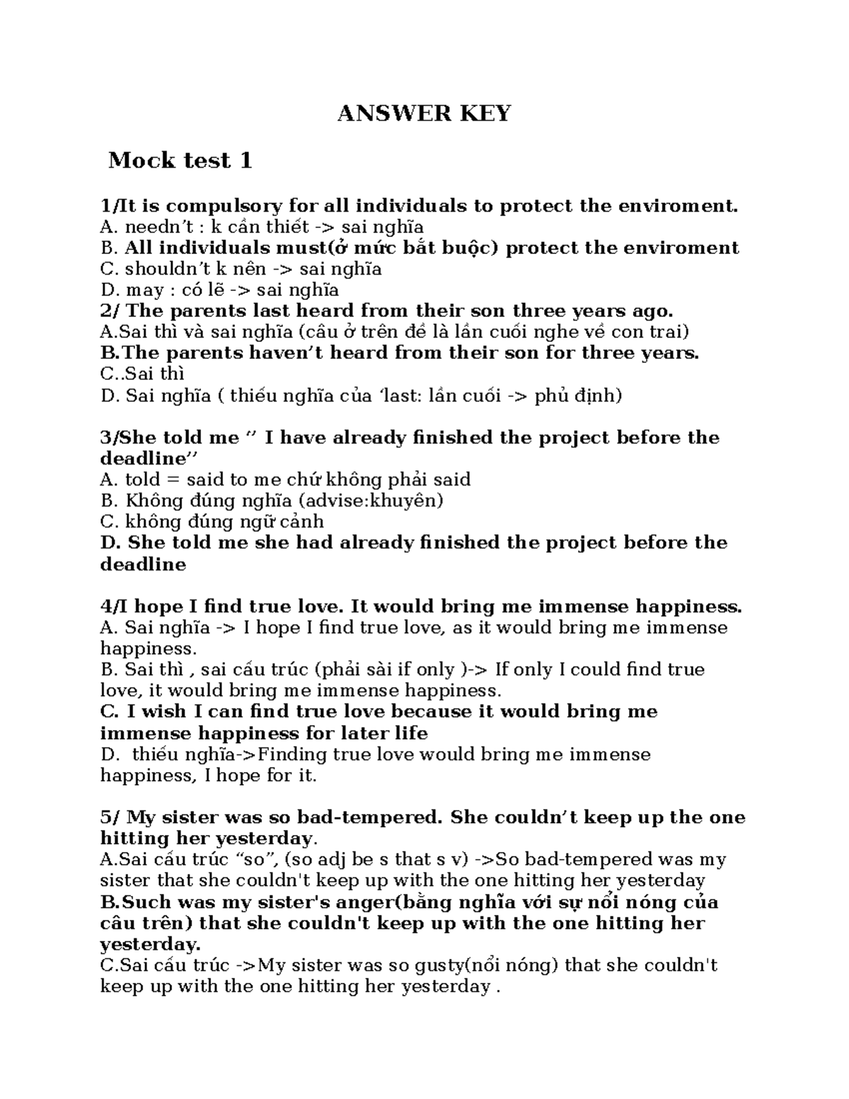 ANSWER KEY: Mock Tests 1-4 Analysis and Corrections - Studocu
