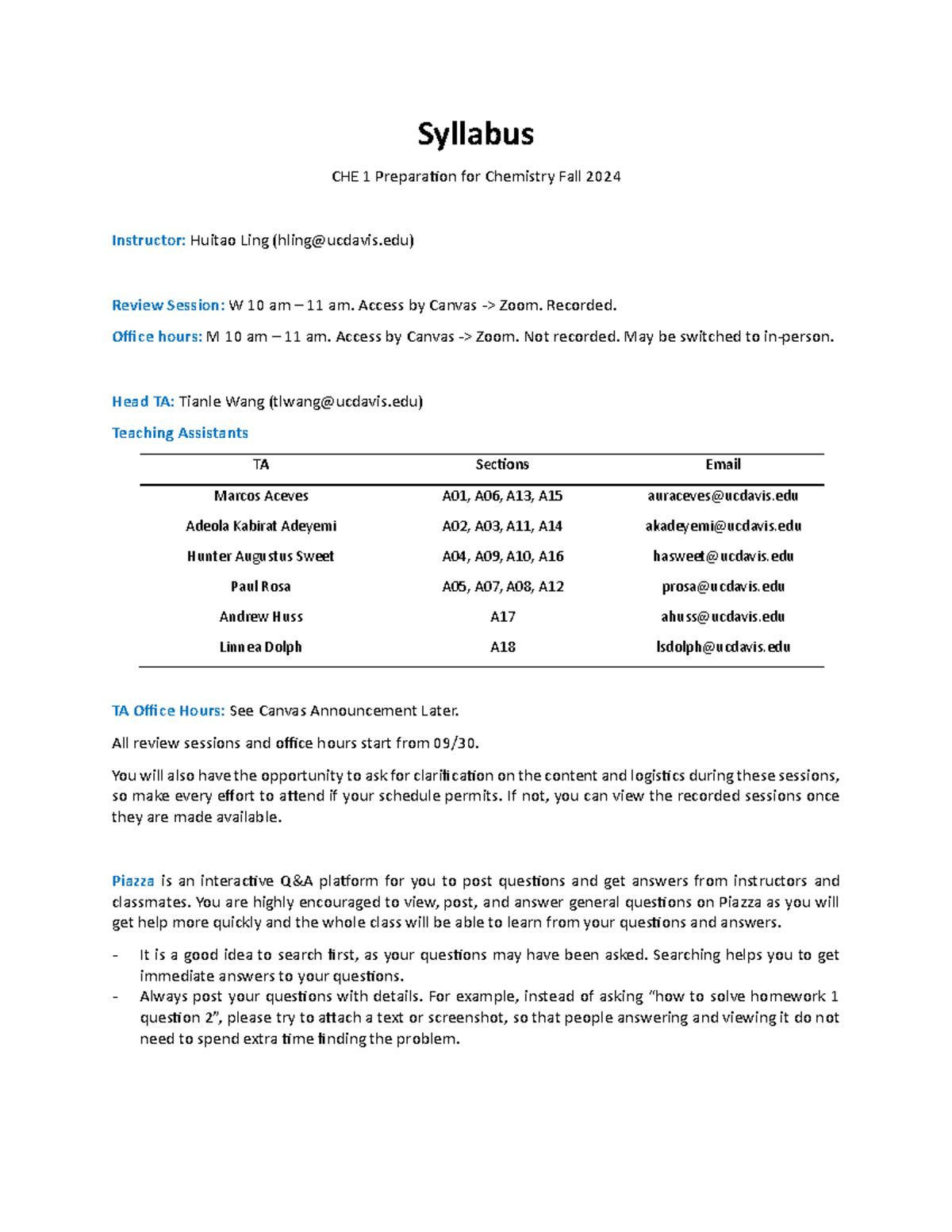 CHE 1 F24 Syllabus: Fall 2024 Chemistry Course Overview & Guidelines ...