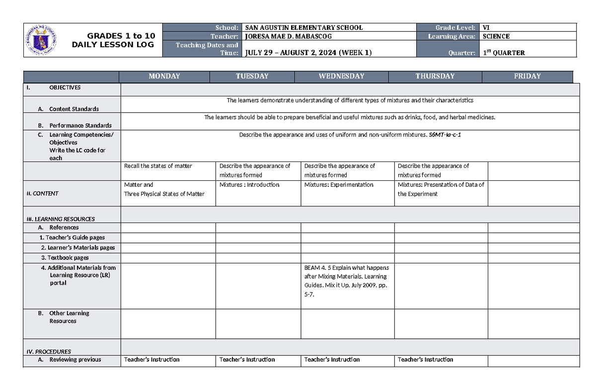 DLL Science 6 Q1 W1 - GRADES 1 to 10 DAILY LESSON LOG School: SAN ...