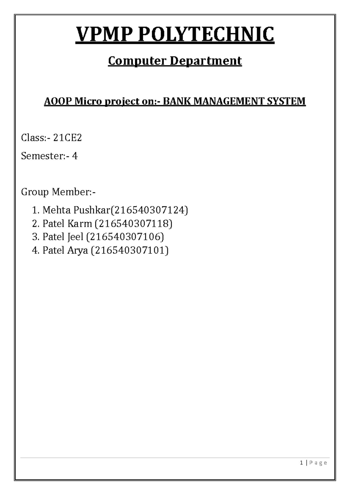 Final AOOP Micro Project: Bank Management System 21CE2 - Studocu