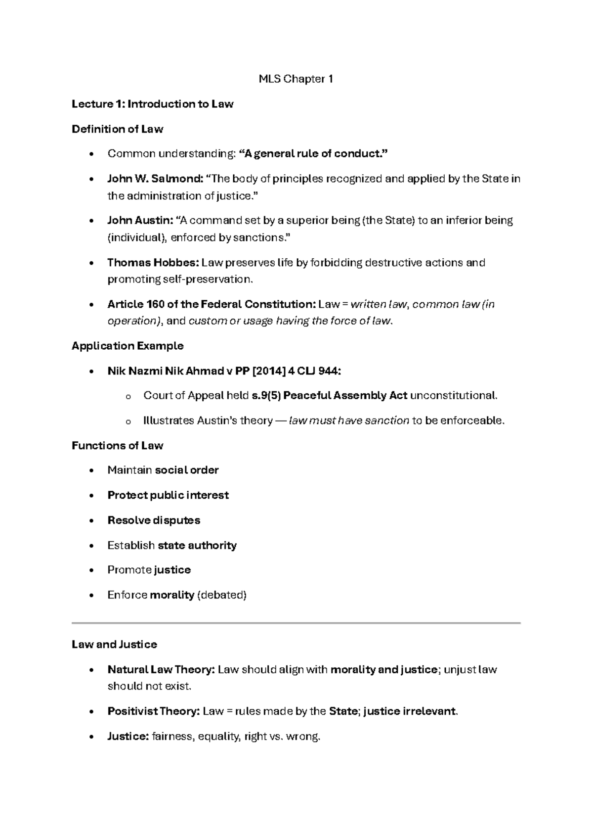 MLS Chapter 1 Lecture 1: Intro to Law and Legal Principles - Studocu