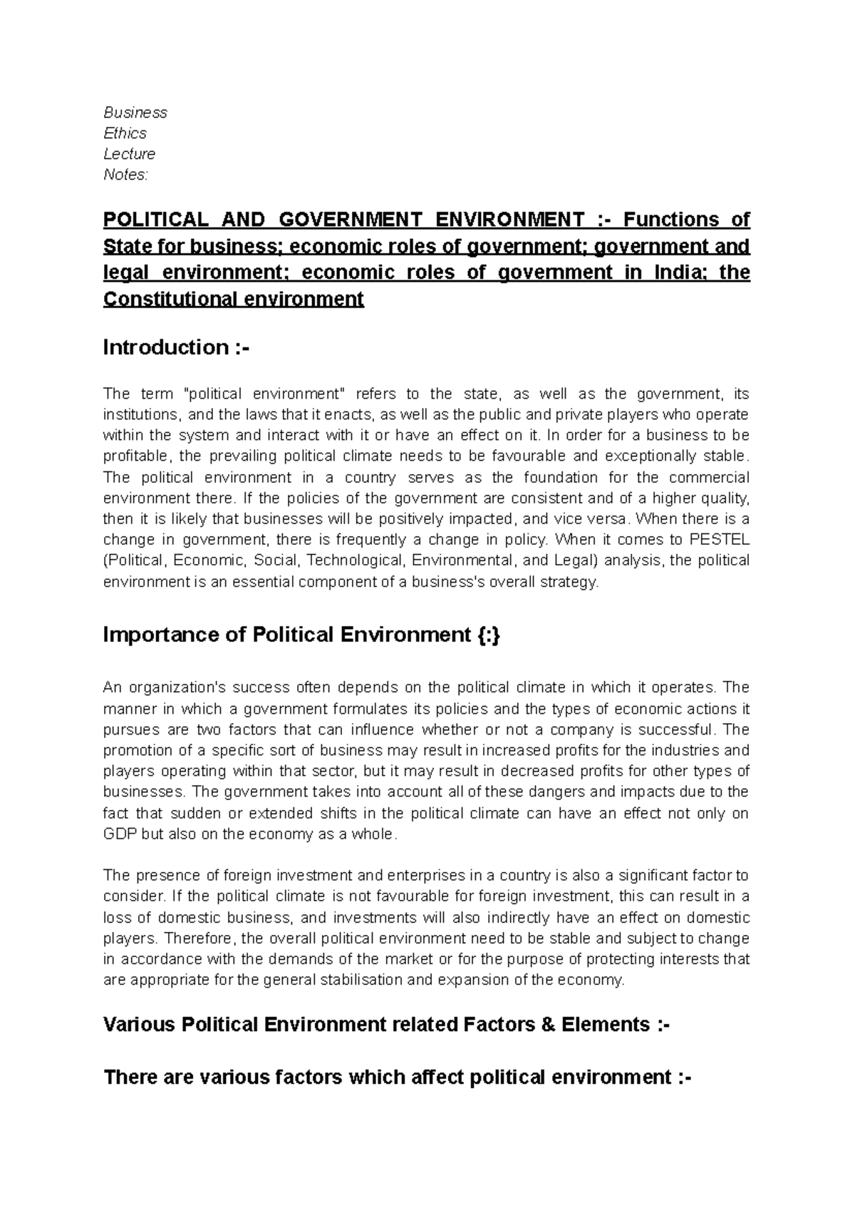 Political and Government Environment: Business Ethics Lecture Notes ...