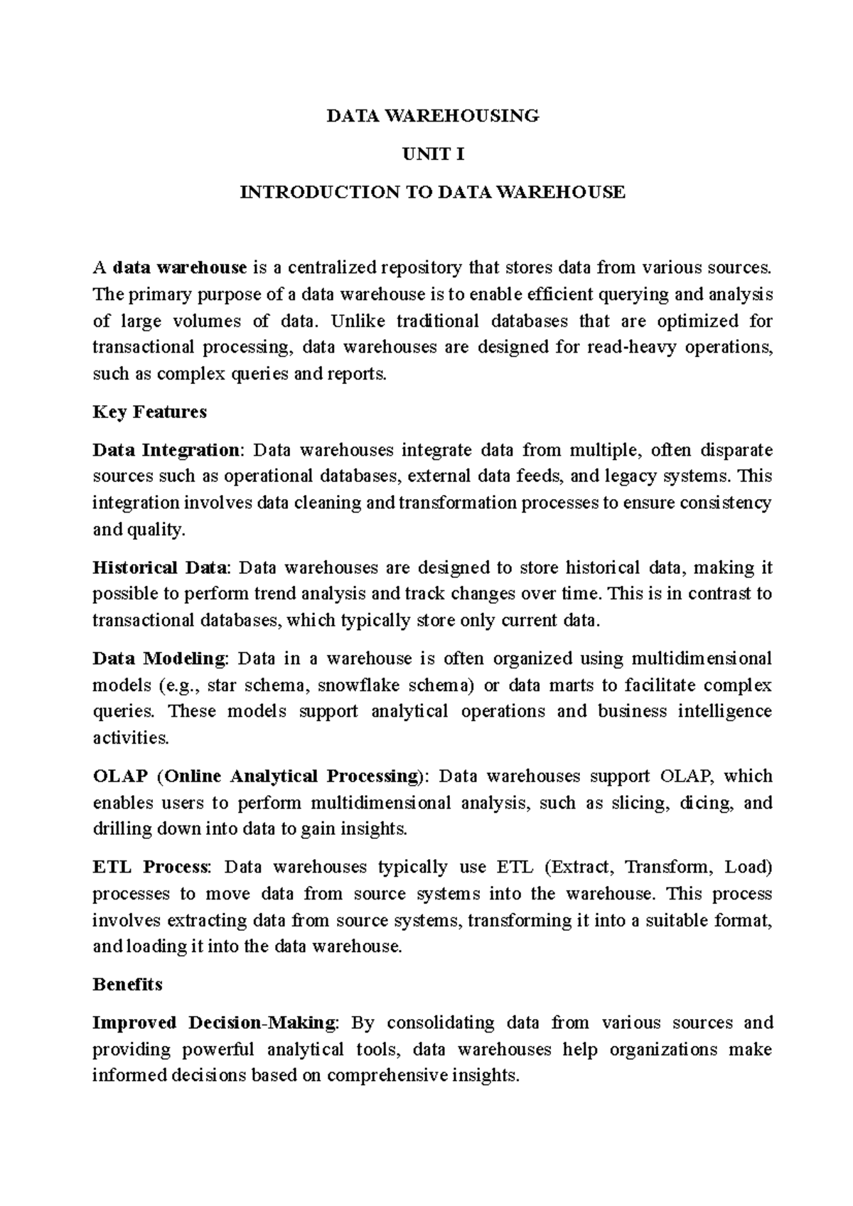 DW Unit I - Introduction to Data Warehouse Notes - Sem 5 - Studocu