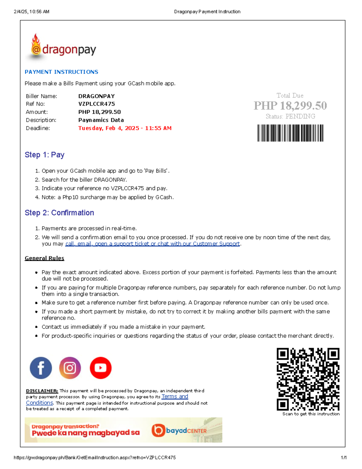 Dragonpay Payment Instructions for PHP 18,299 Due by Feb 4, 2025 - Studocu