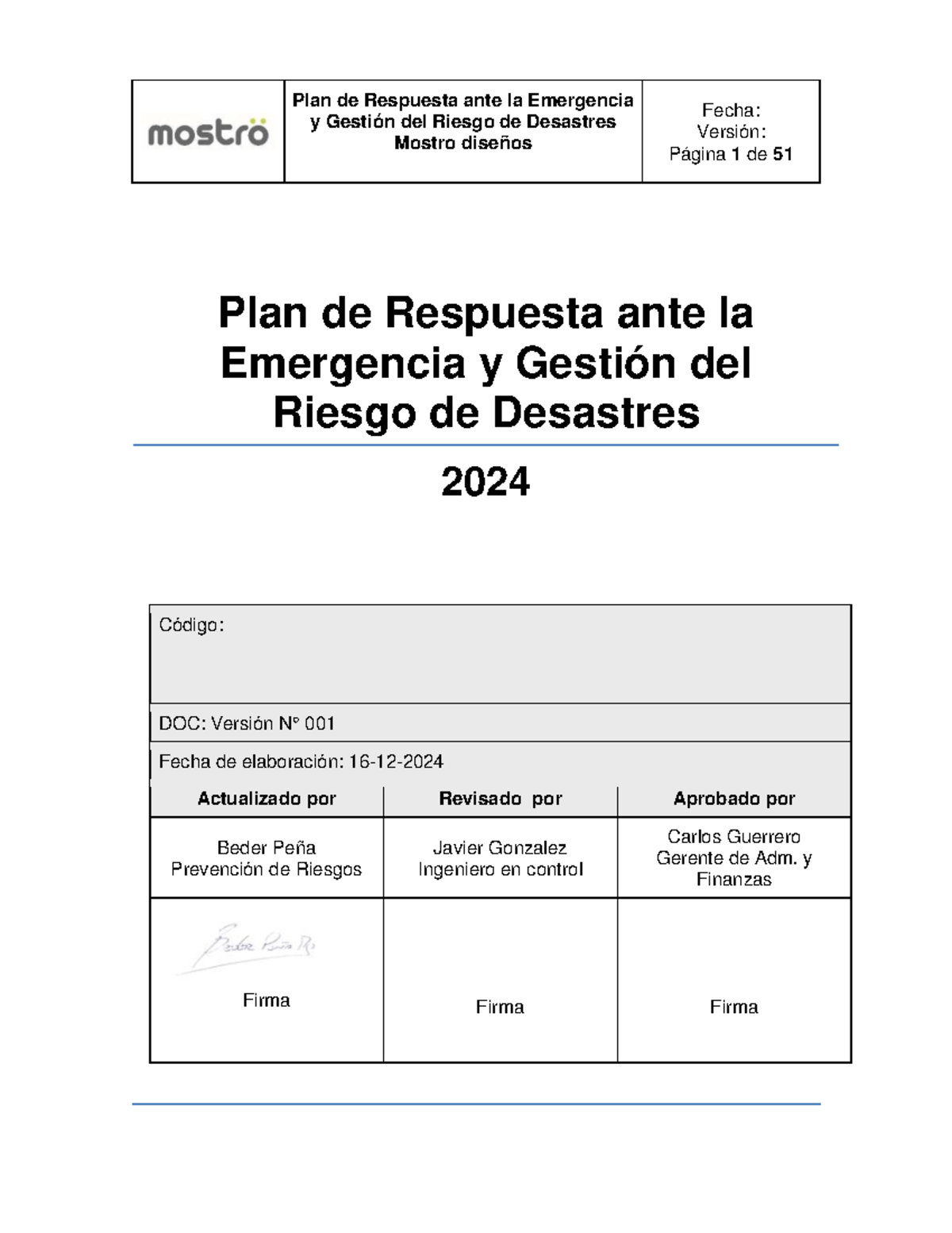 Plan de Respuesta ante Emergencias y Gestión de Riesgos 2024 - Mostro ...