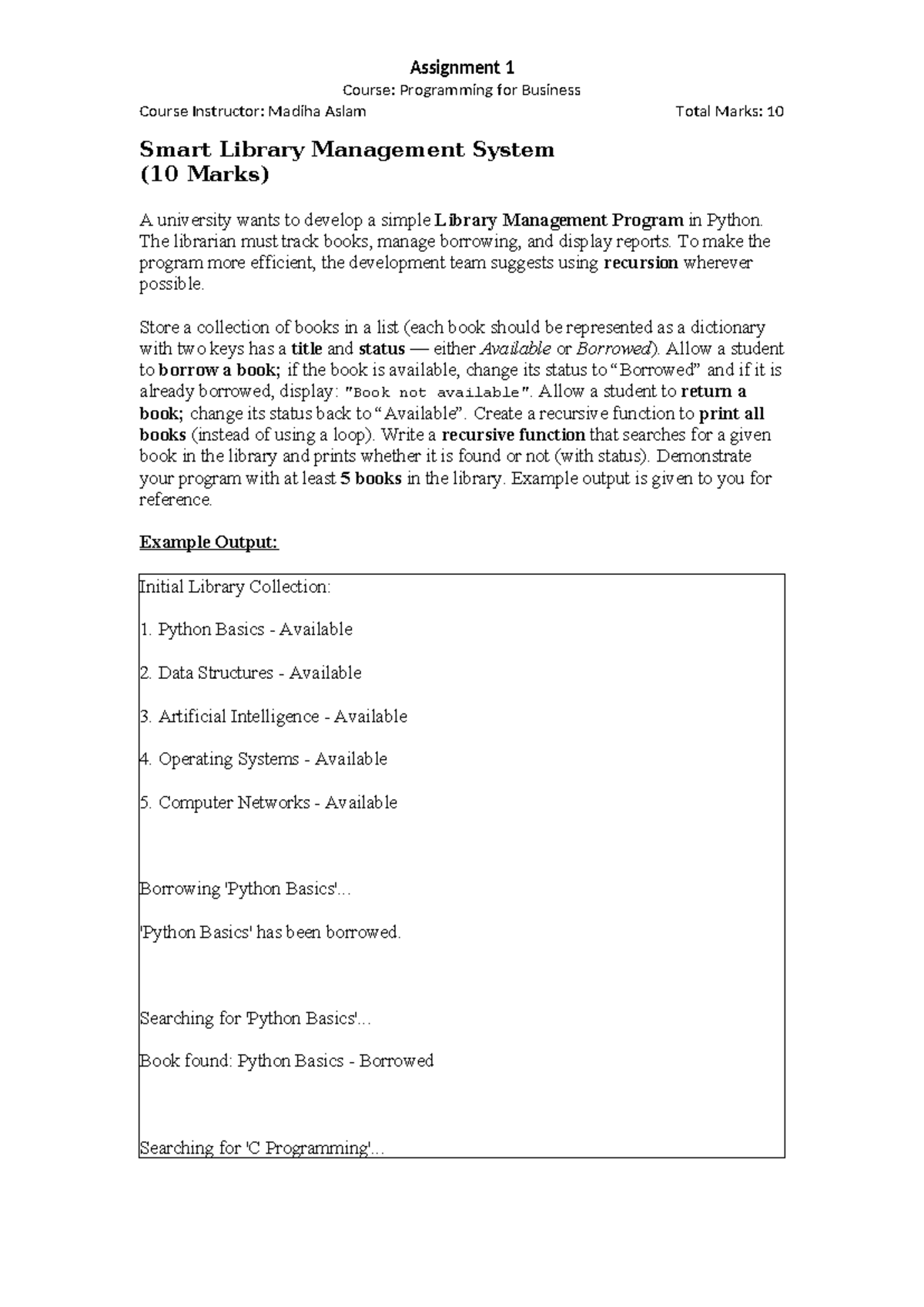 Assignment 1: Smart Library Management System for Programming for ...