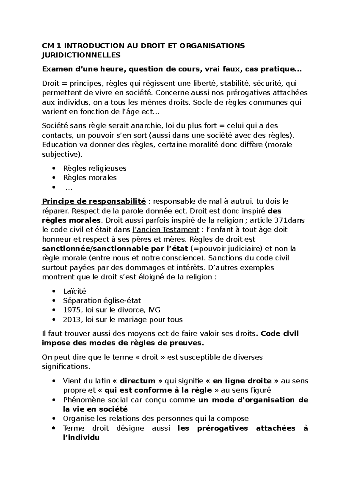 CM 1 Examen : Introduction au Droit et Organisations Juridictionnelles ...