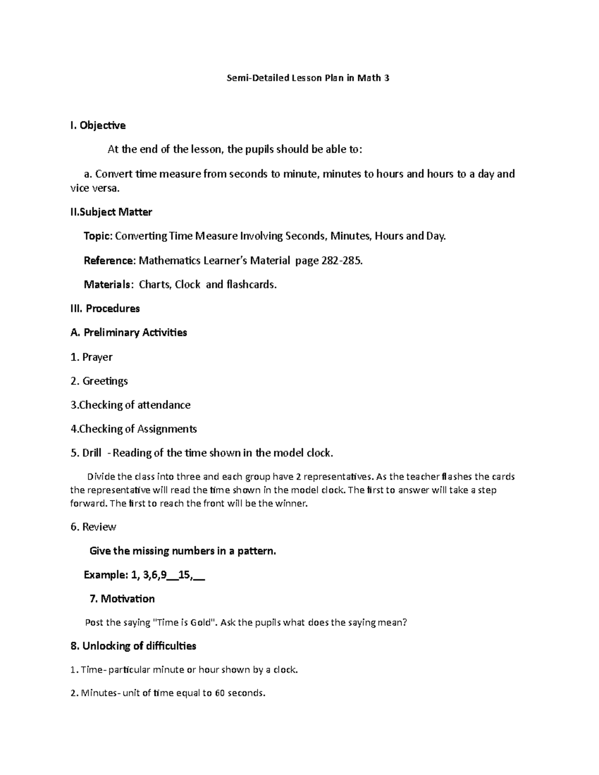 Math 3 Lesson Plan: Converting Time Measures (Seconds, Minutes, Hours ...
