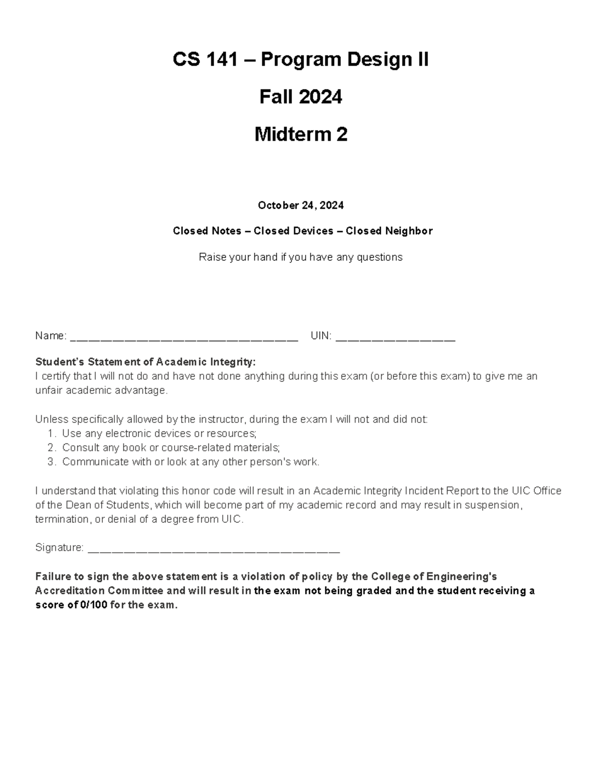 CS 141 Program Design II Fall 2024 Midterm 2 Exam Guidelines - Studocu