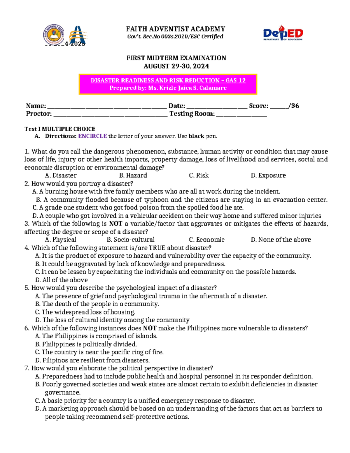 GAS 12 First Midterm Exam: Disaster Readiness & Risk Reduction - Studocu