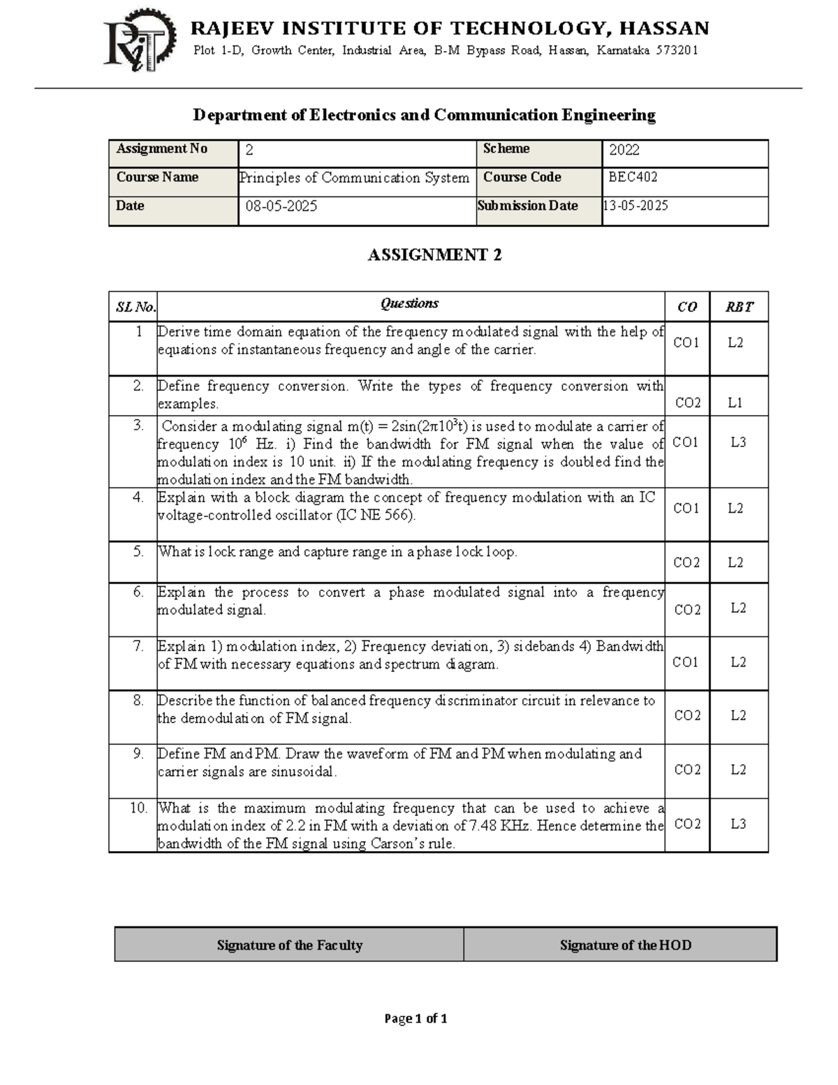 BEC402 Principles of Communication System Assignment 2 Questions - Studocu
