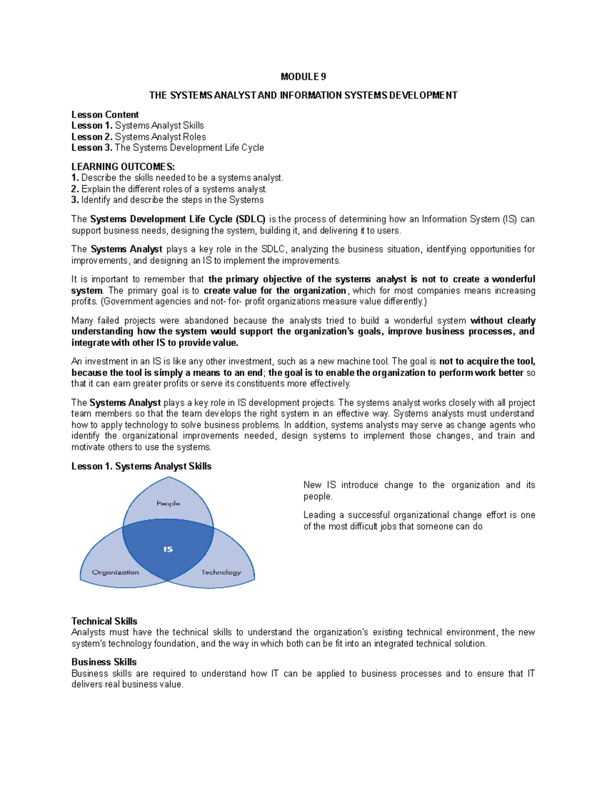 Module 9 - The Systems Analyst & IS Development: Lesson Overview - Studocu