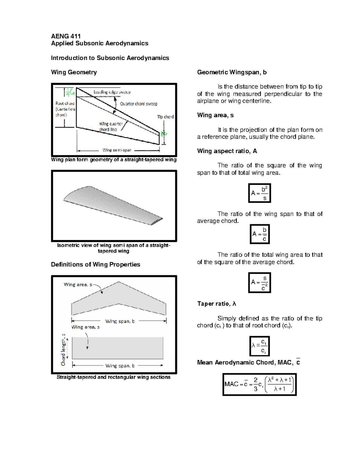 AENG 315 Week 1 Lecture: Introduction to Subsonic Aerodynamics - Studocu