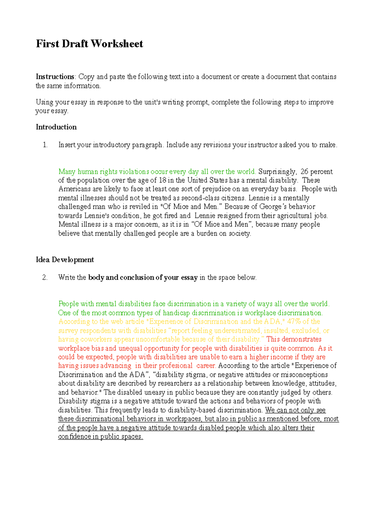 First draft worksheet - essay - First Draft Worksheet Instructions ...