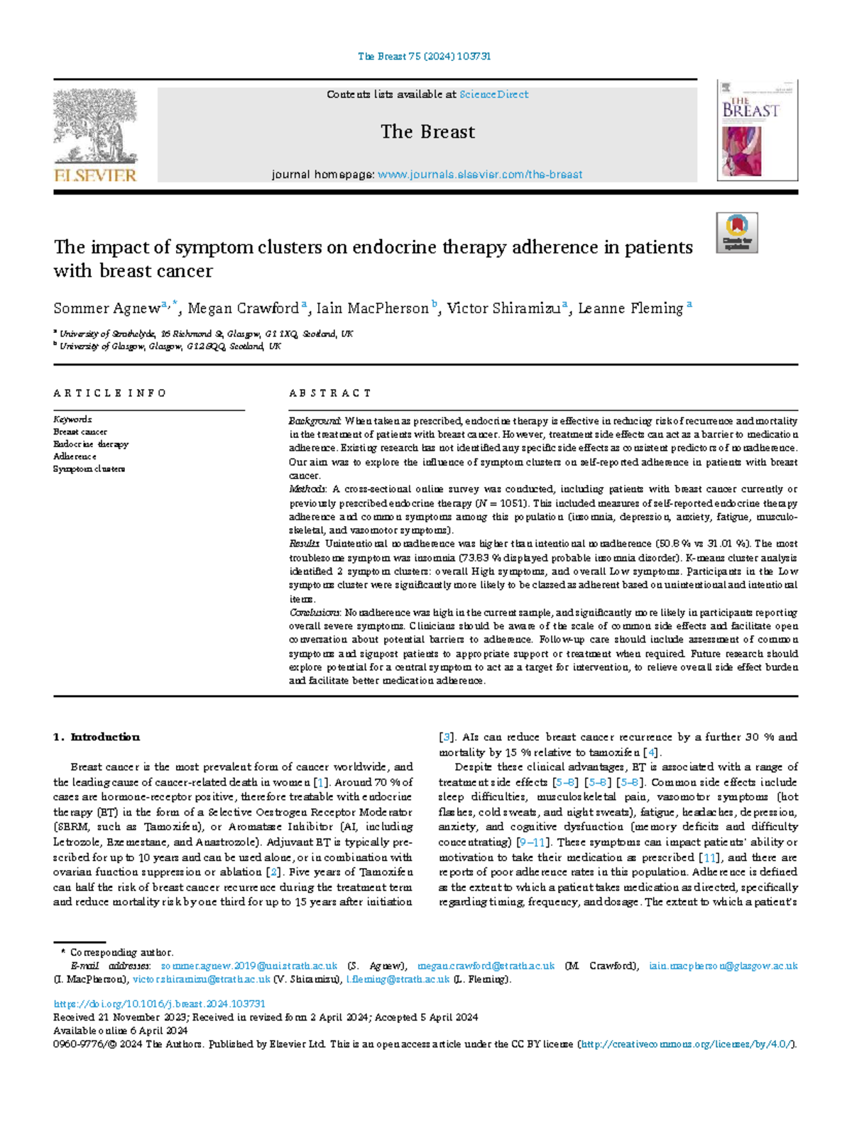 The Impact of Symptom Clusters on Endocrine Therapy Adherence in Breast ...