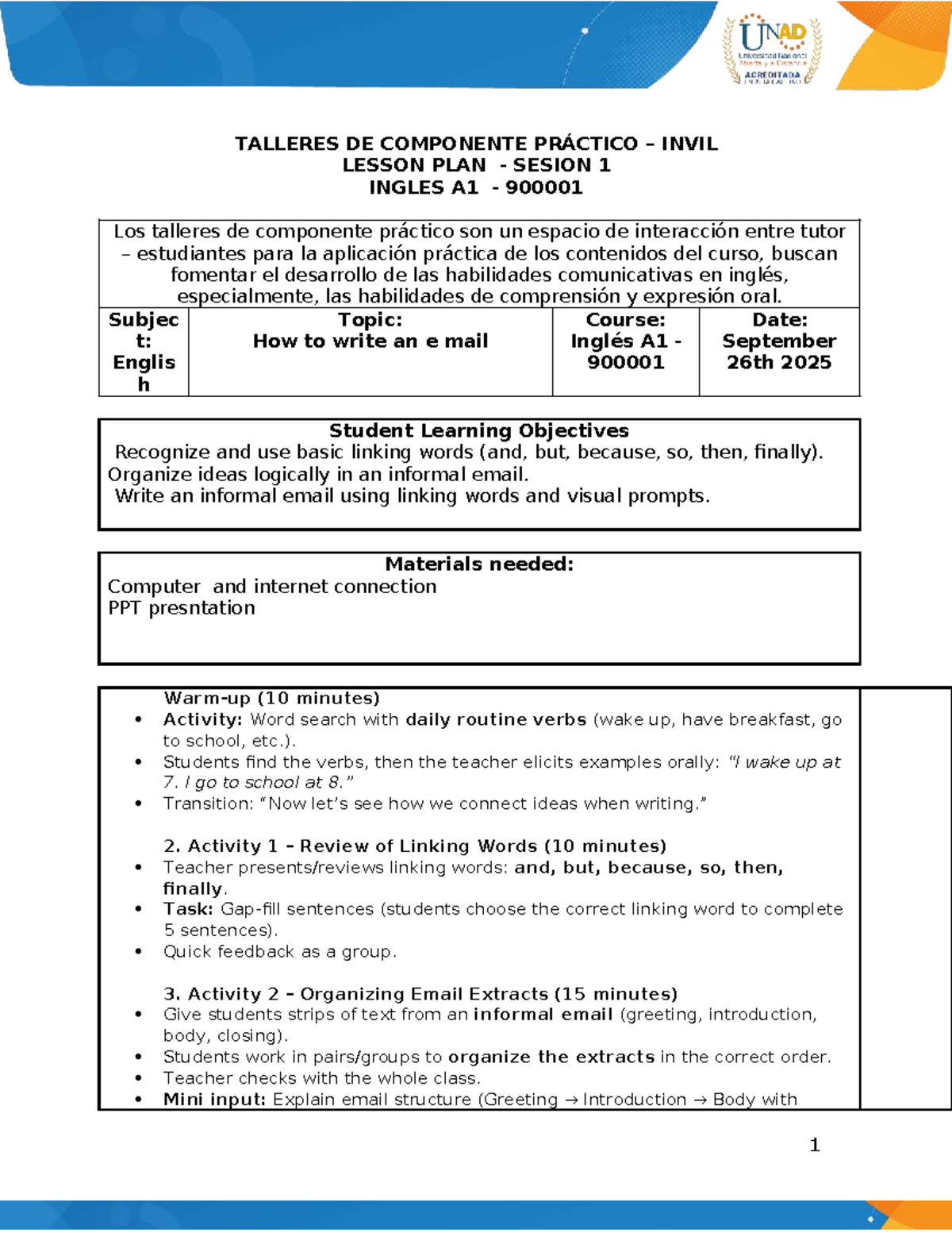 TALLERES DE COMPONENTE PRÁCTICO INVIL: LECCIÓN 1 INGLES A1 - Studocu