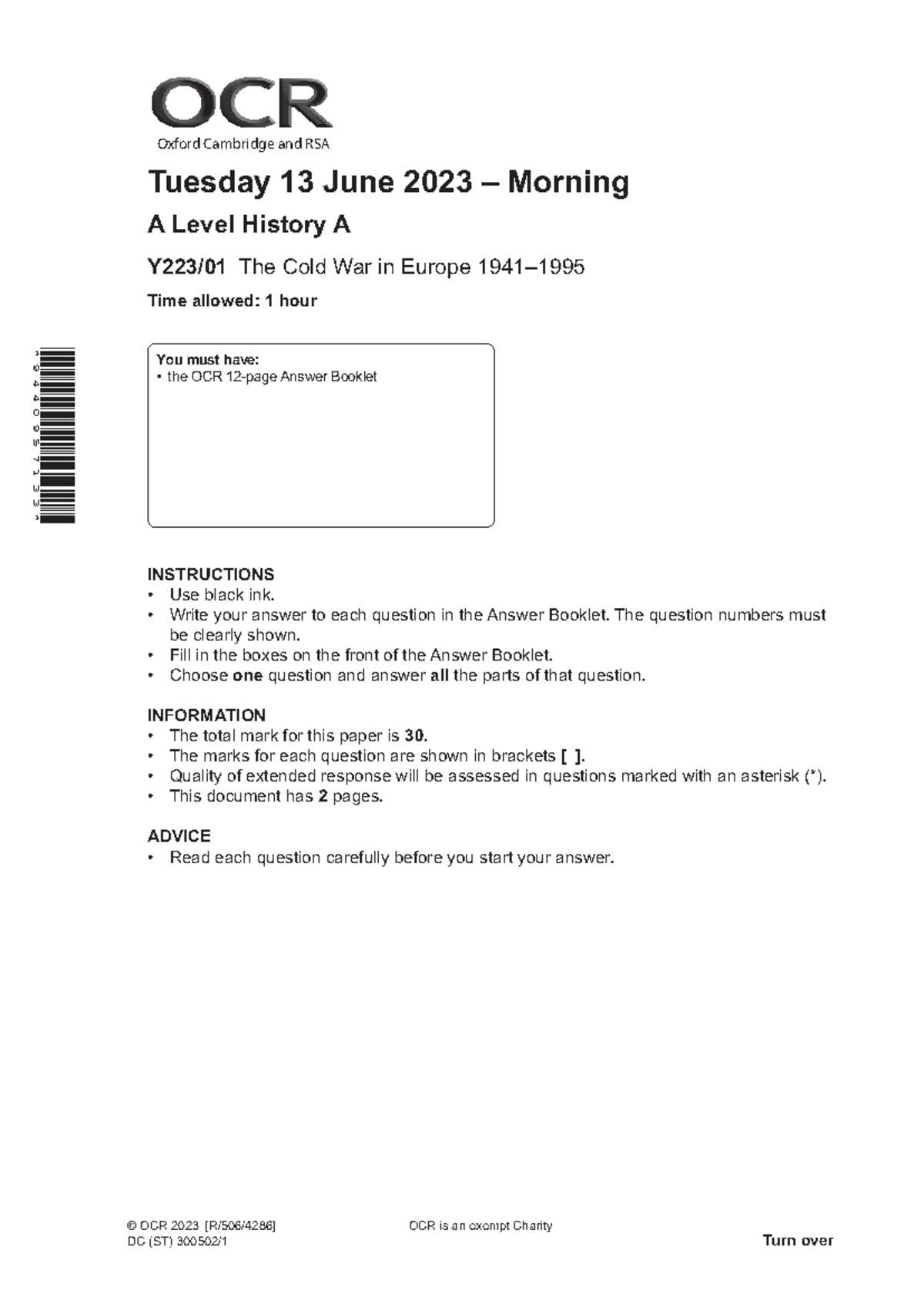 A Level History A Exam Paper: The Cold War in Europe (1941-1995) - Studocu