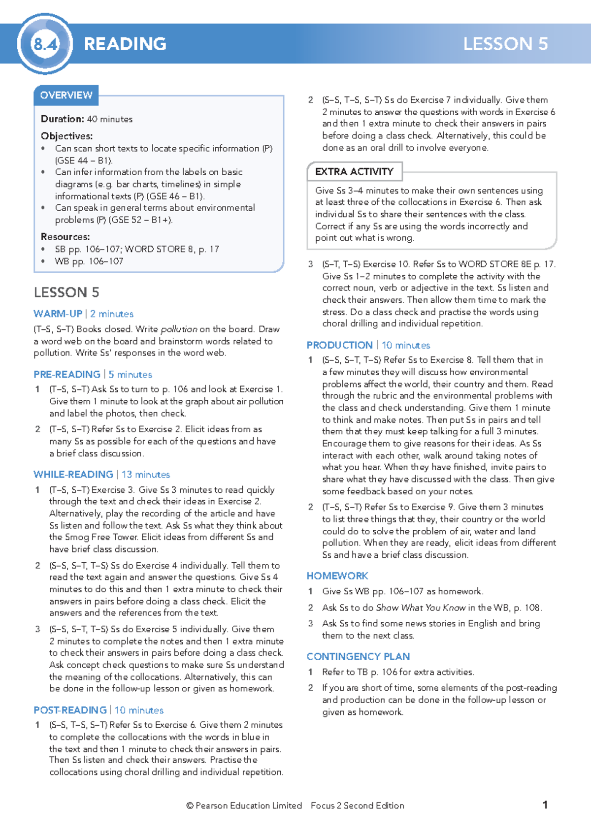 Focus 2 2E Lesson Plans U8 Lesson 5 Reading - © Pearson Education ...