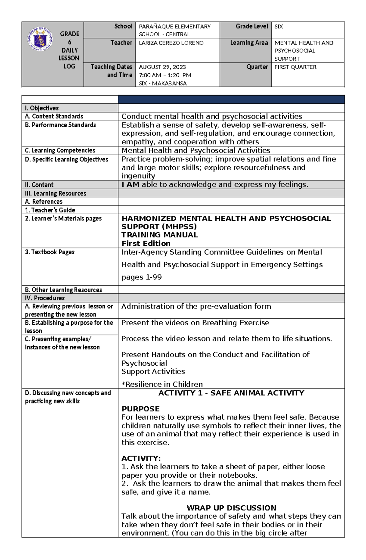 1 - DAY 1 Mental Health & Psychosocial Support Activities (GR 6) - Studocu