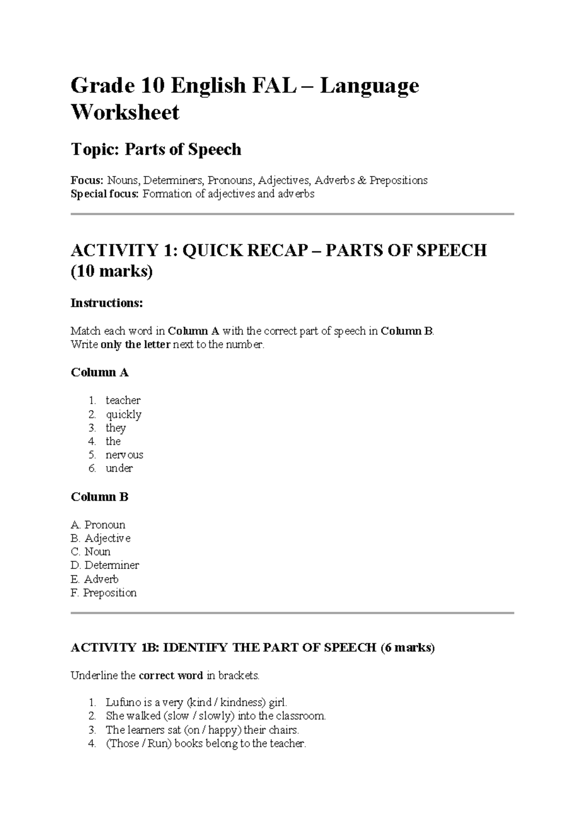 Grade 10 English FAL Language Activity: Parts of Speech Worksheet - Studocu