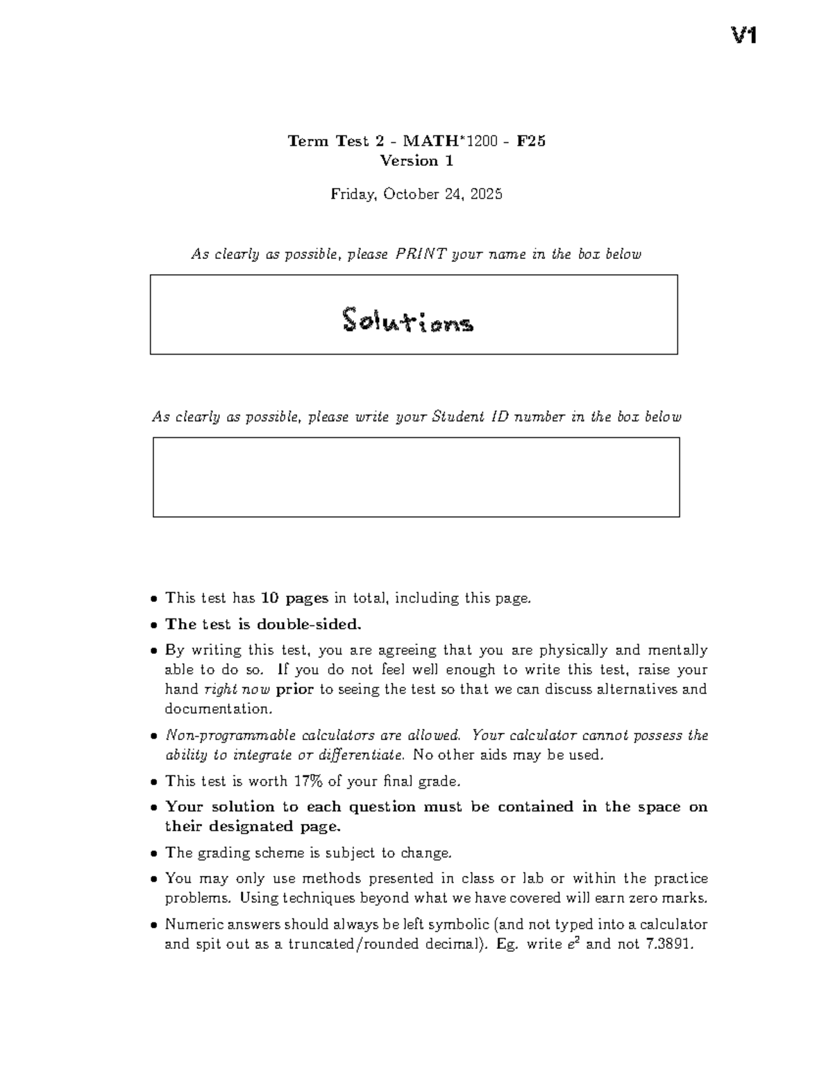 Term Test 2 F25 - Version 1 Solutions - October 2025 - Studocu