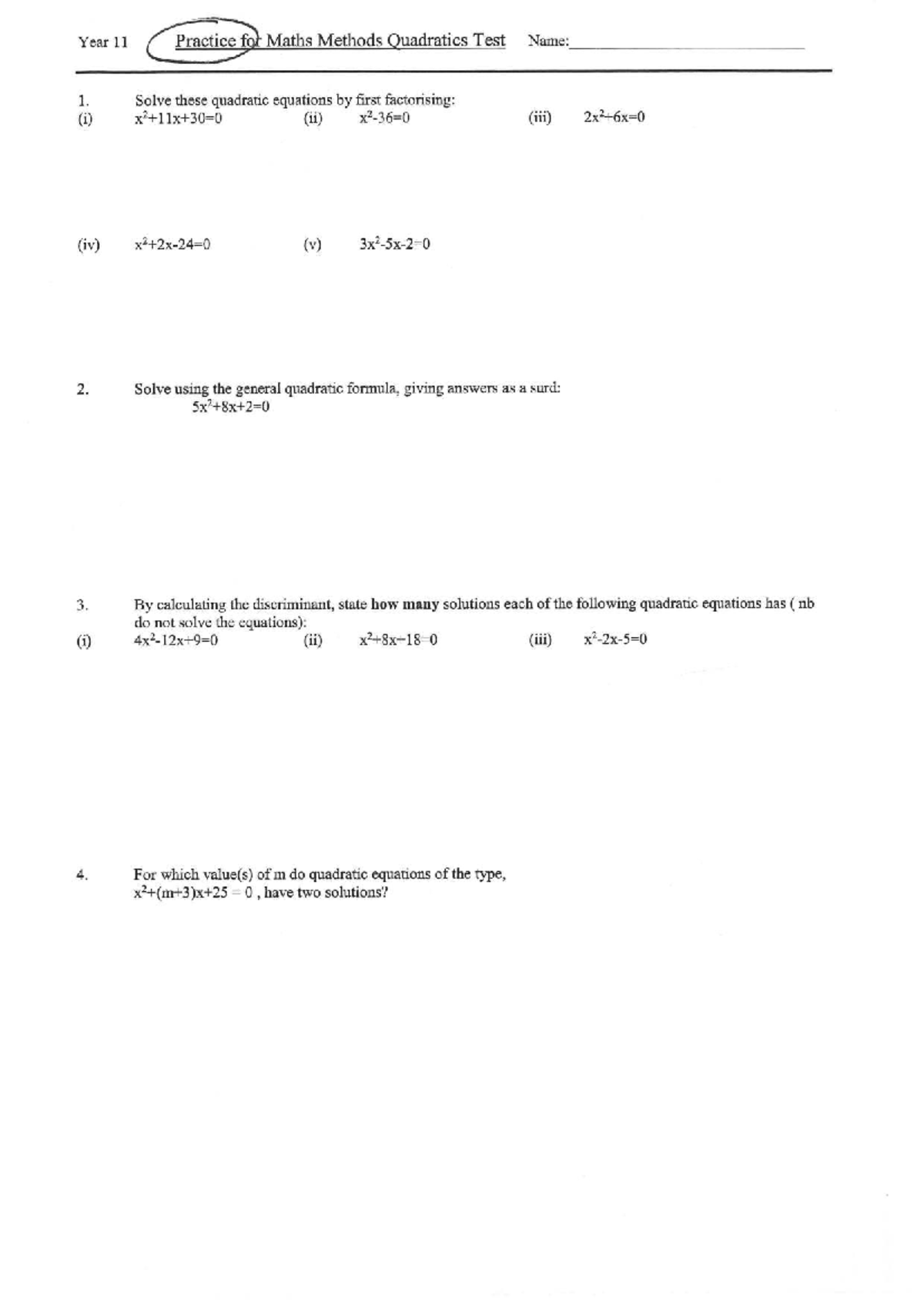 Year 11 Maths Methods Quadratics Test Revision with Answers - Studocu