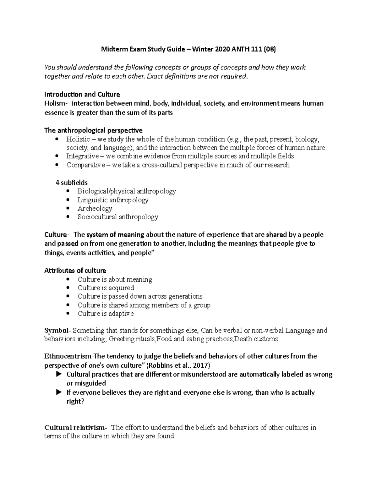 Midterm Exam Study Guide for ANTH 111 - Winter 2020 - Studocu