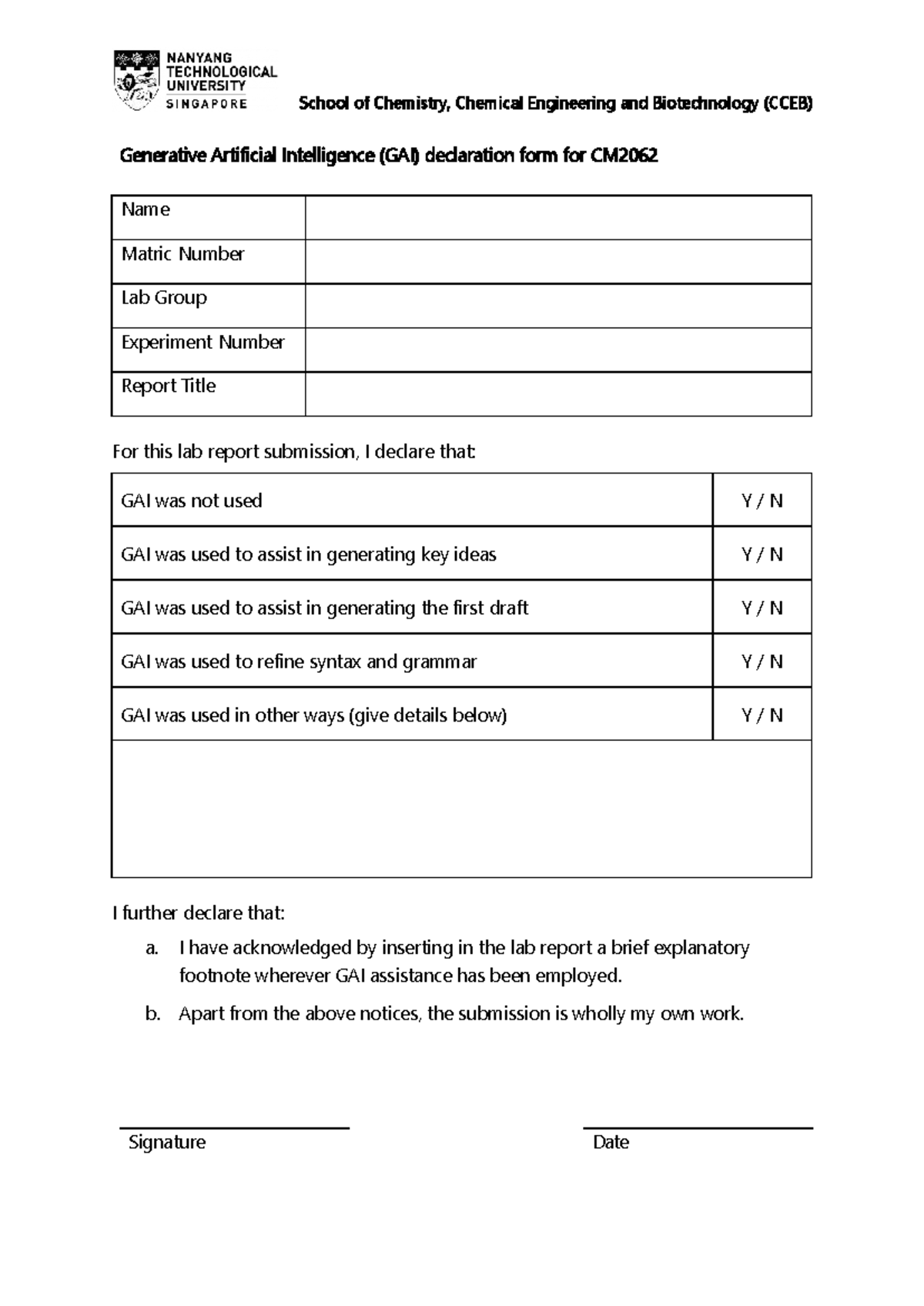 CM2062 GAI Declaration Form for Lab Report Submission - Studocu