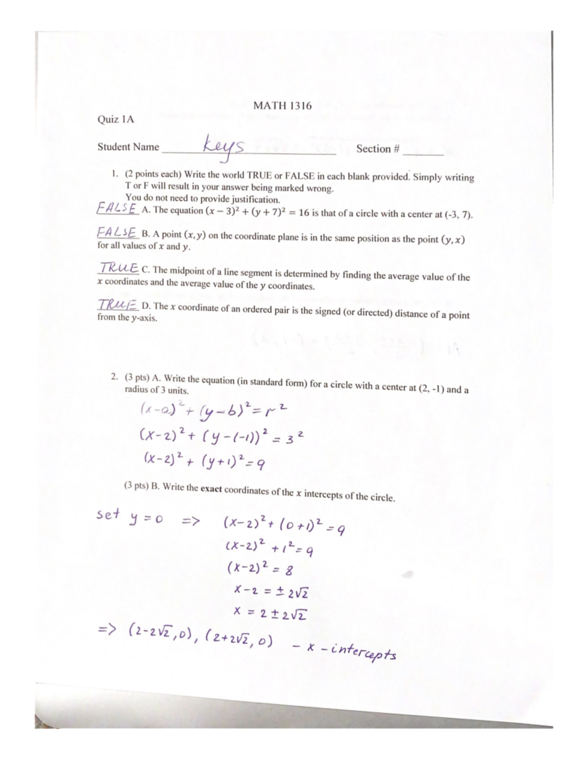 MATH 1316 Quiz 1A Key Answers for Trigonometry Practice - Studocu