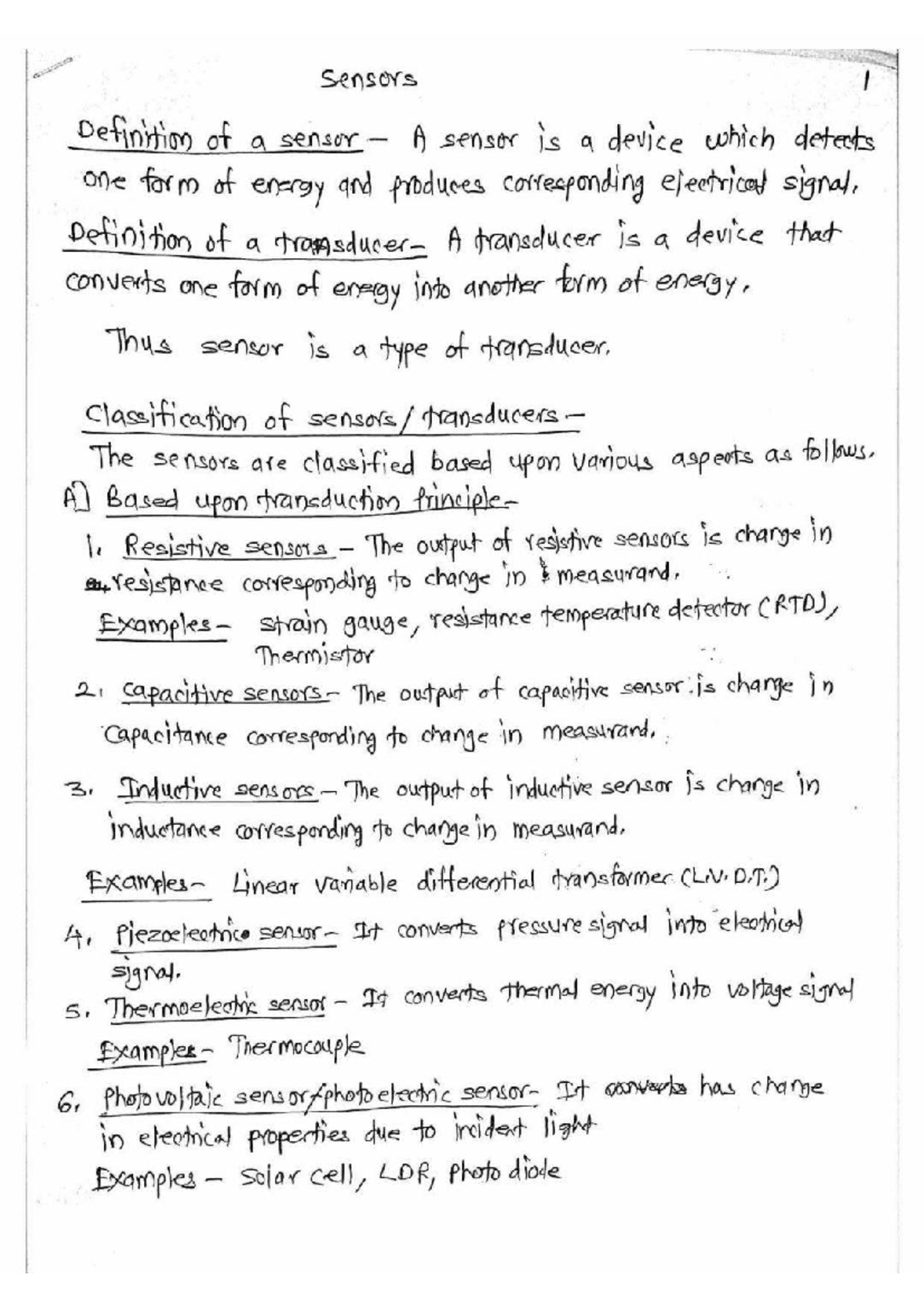 Notes BXE Unit 5 - sensors I Definition of a sensor A sensor is a ...