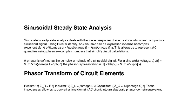 Sinusoidal Steady State Analysis: Detailed Notes on AC Circuits - Studocu