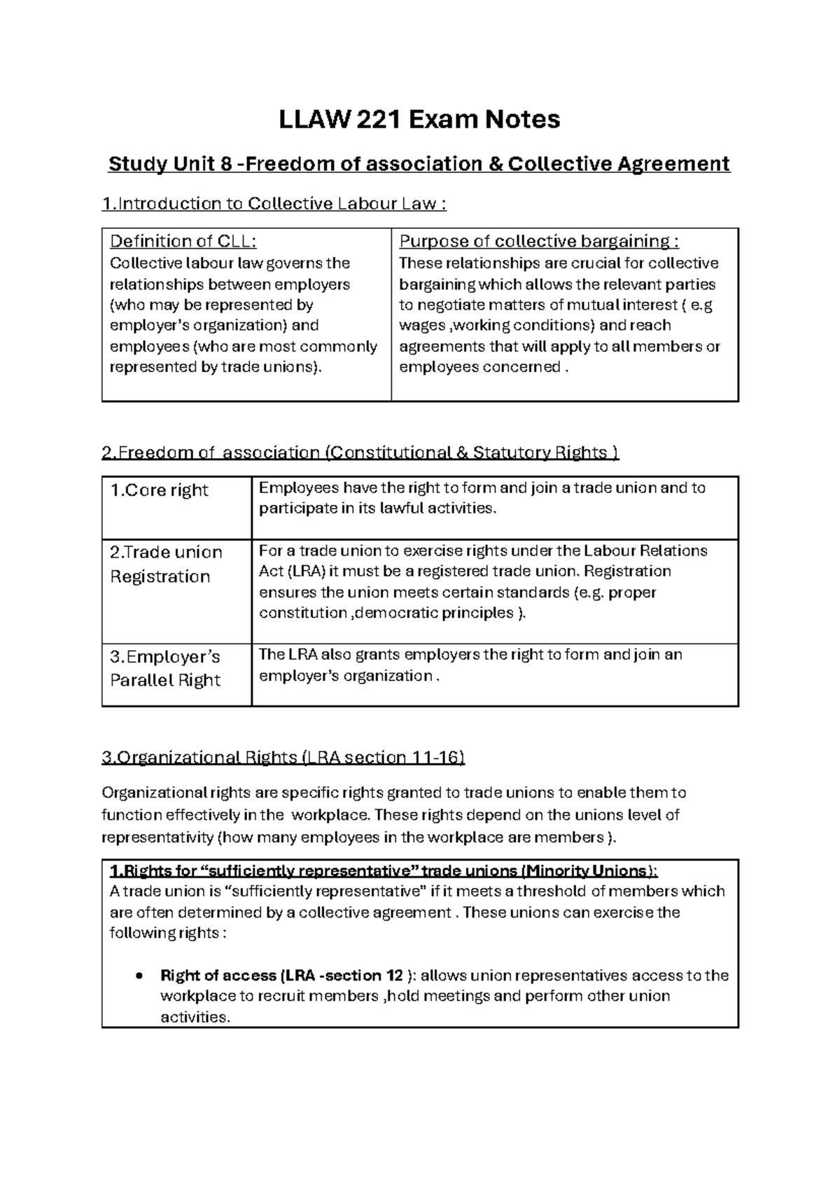 LLAW 221 Final Exam Notes: Collective Labour Law Overview - Studocu