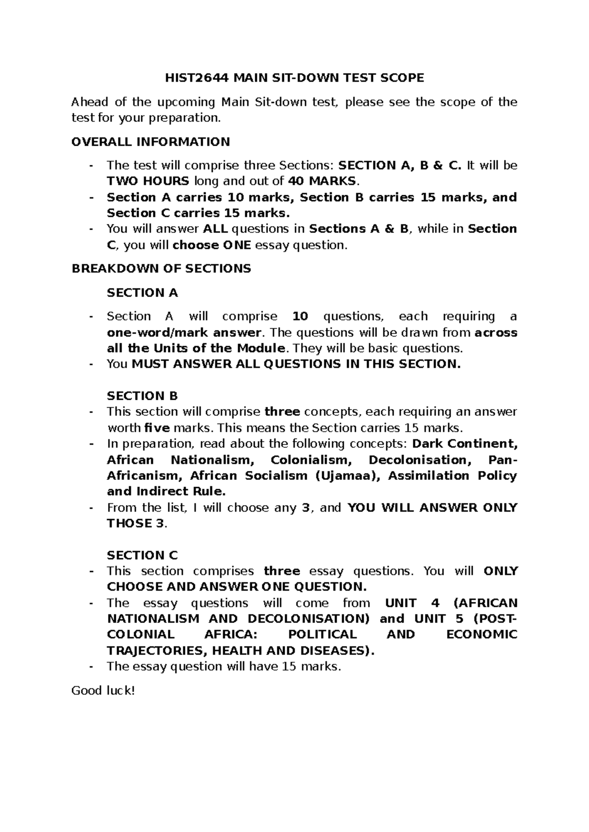 HIST2644 Main Test Scope: Preparation Guide for Students - Studocu