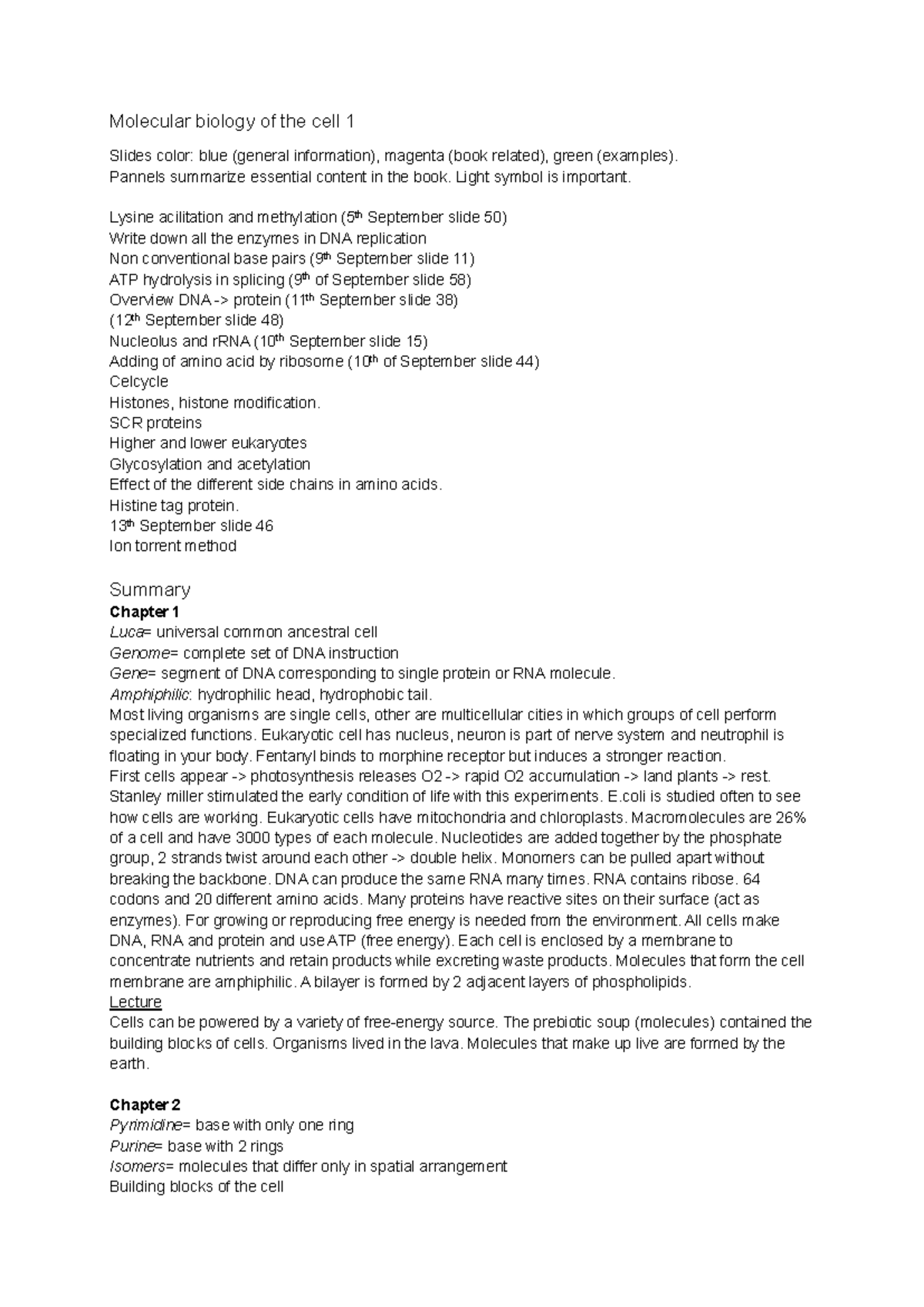Molecular Biology of the Cell 1 - Lecture Notes and Key Concepts ...