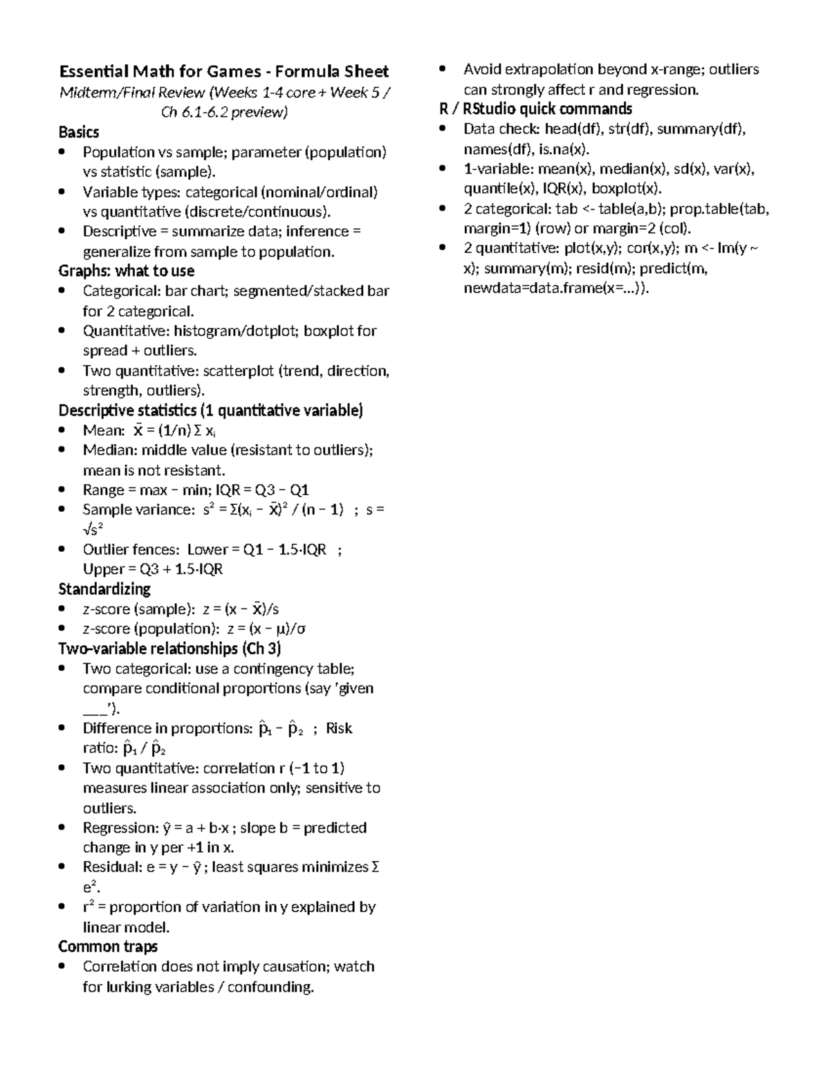 Essential Math for Games (Week 5) Formula Sheet Review - Studocu