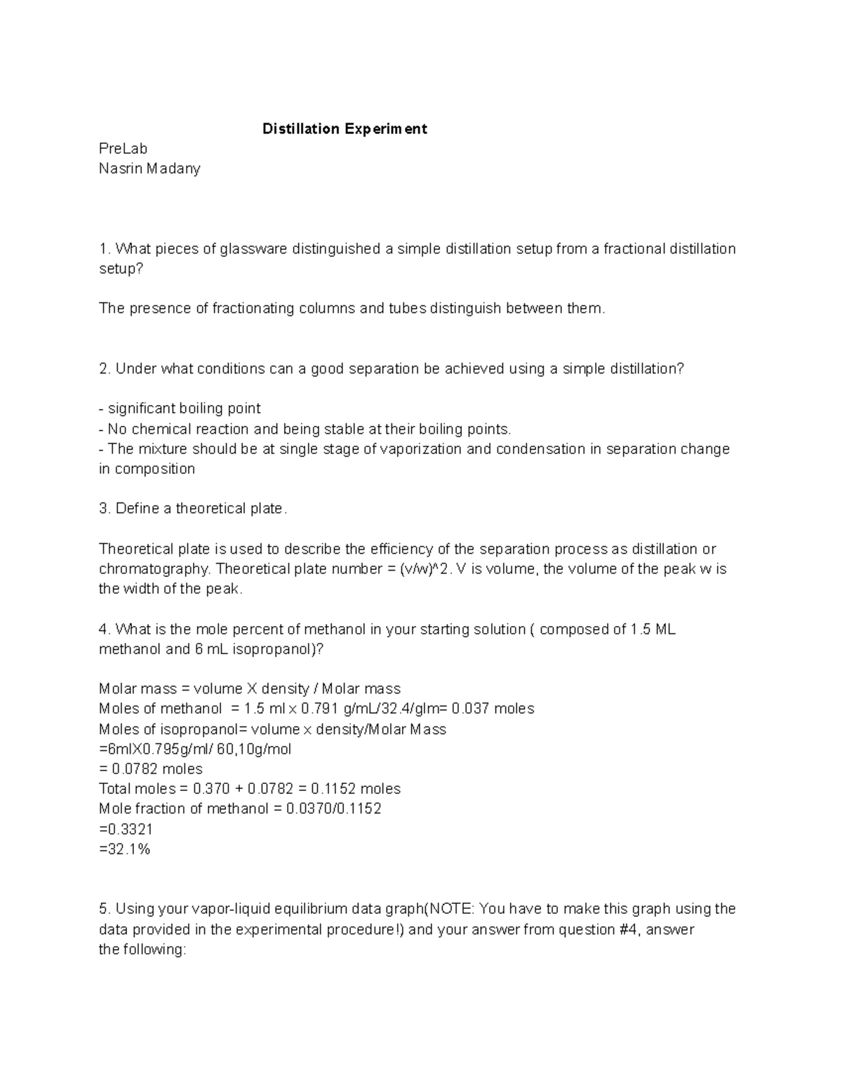 Prelab #3 - Distillation Experiment Analysis and Theoretical Plate ...