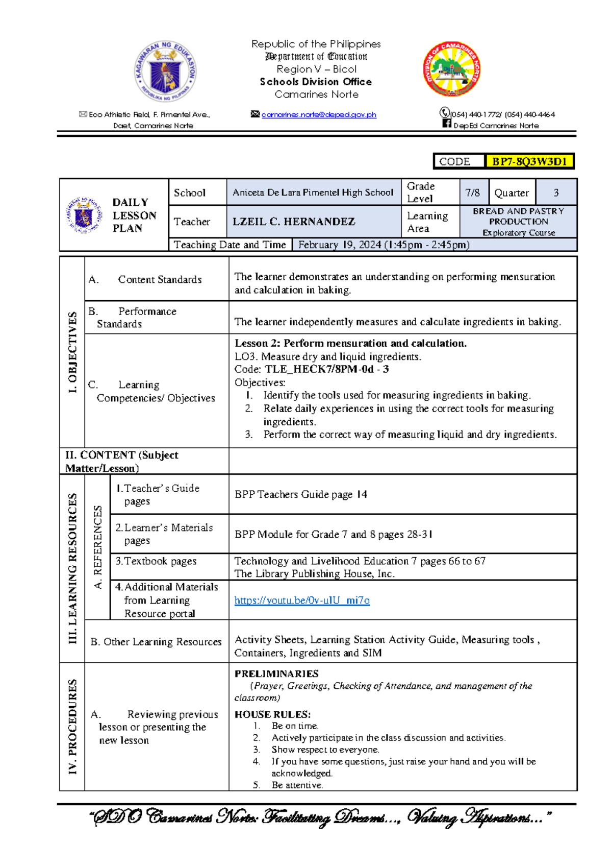 COT 3 - Daily Lesson Plan for Bread and Pastry Production - Studocu