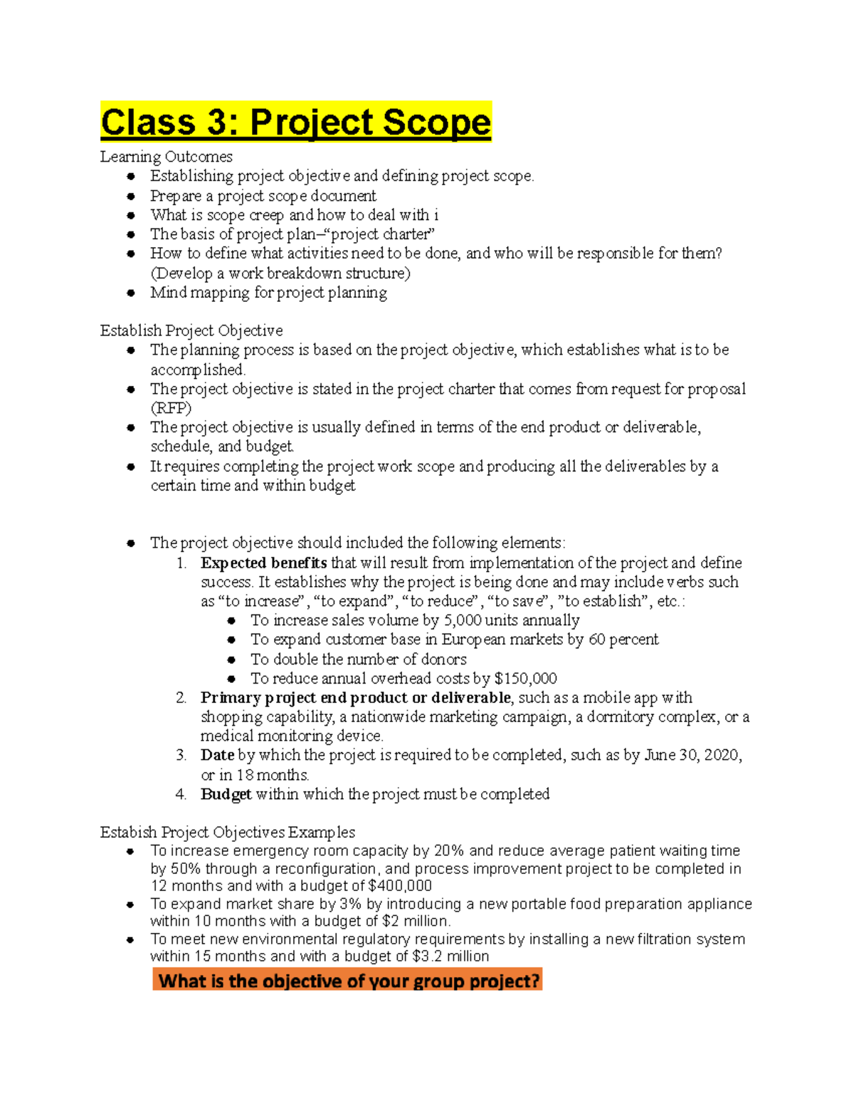 Class 3 Project Scope Overview - Notes on Objectives & Planning - Studocu