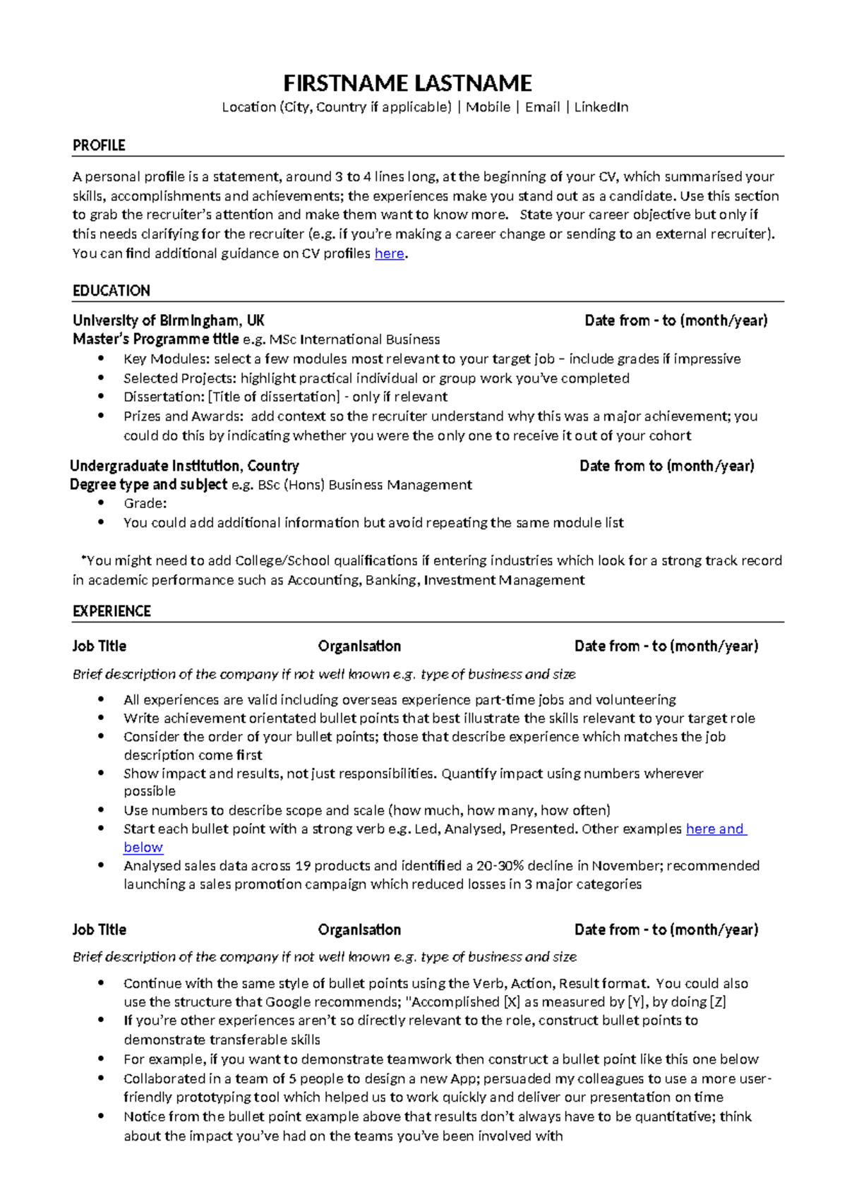 UOB PGT CV Template 2022: Crafting Your Personal Profile & Experience ...