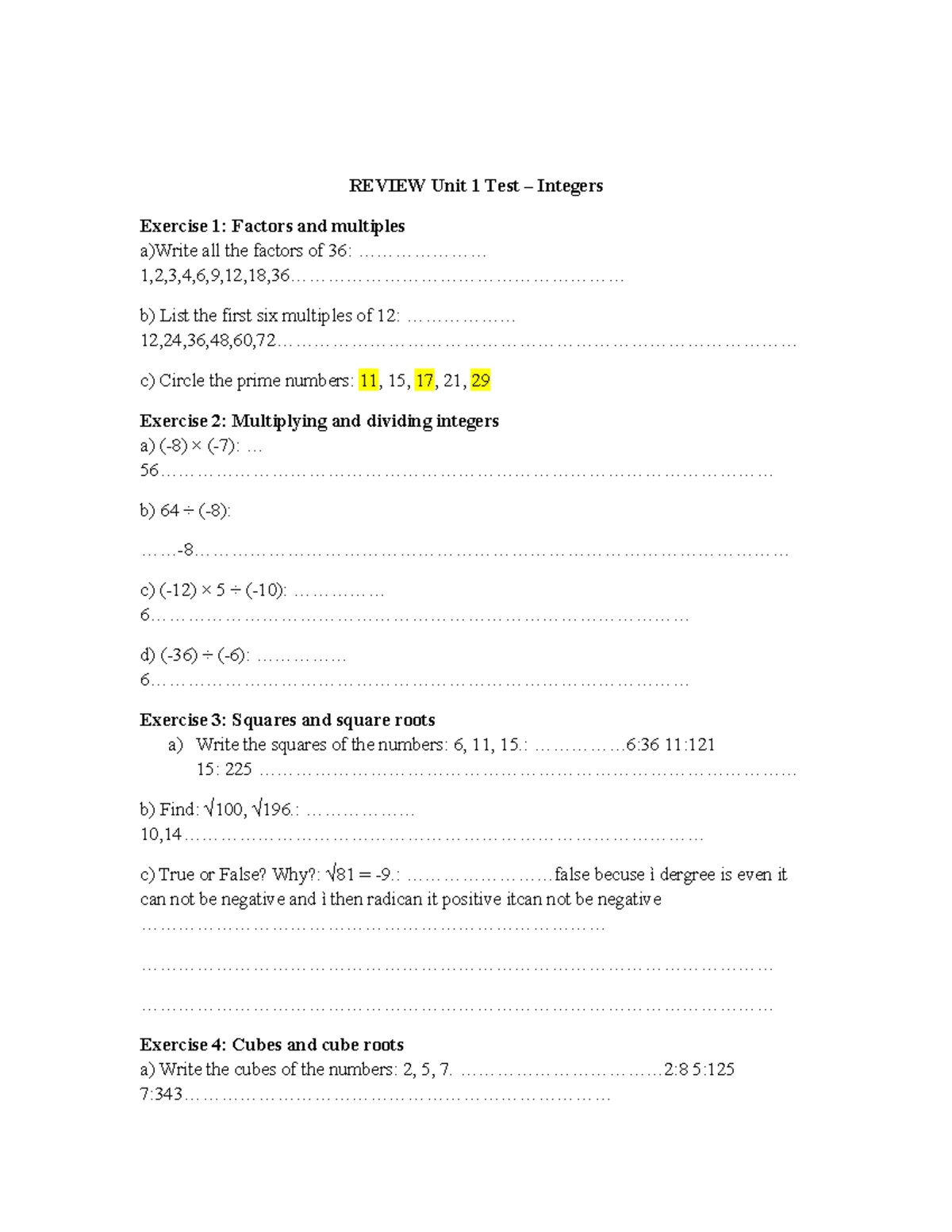 Unit 1 Test: Integers Review - Factors, Multiples & Roots - Studocu