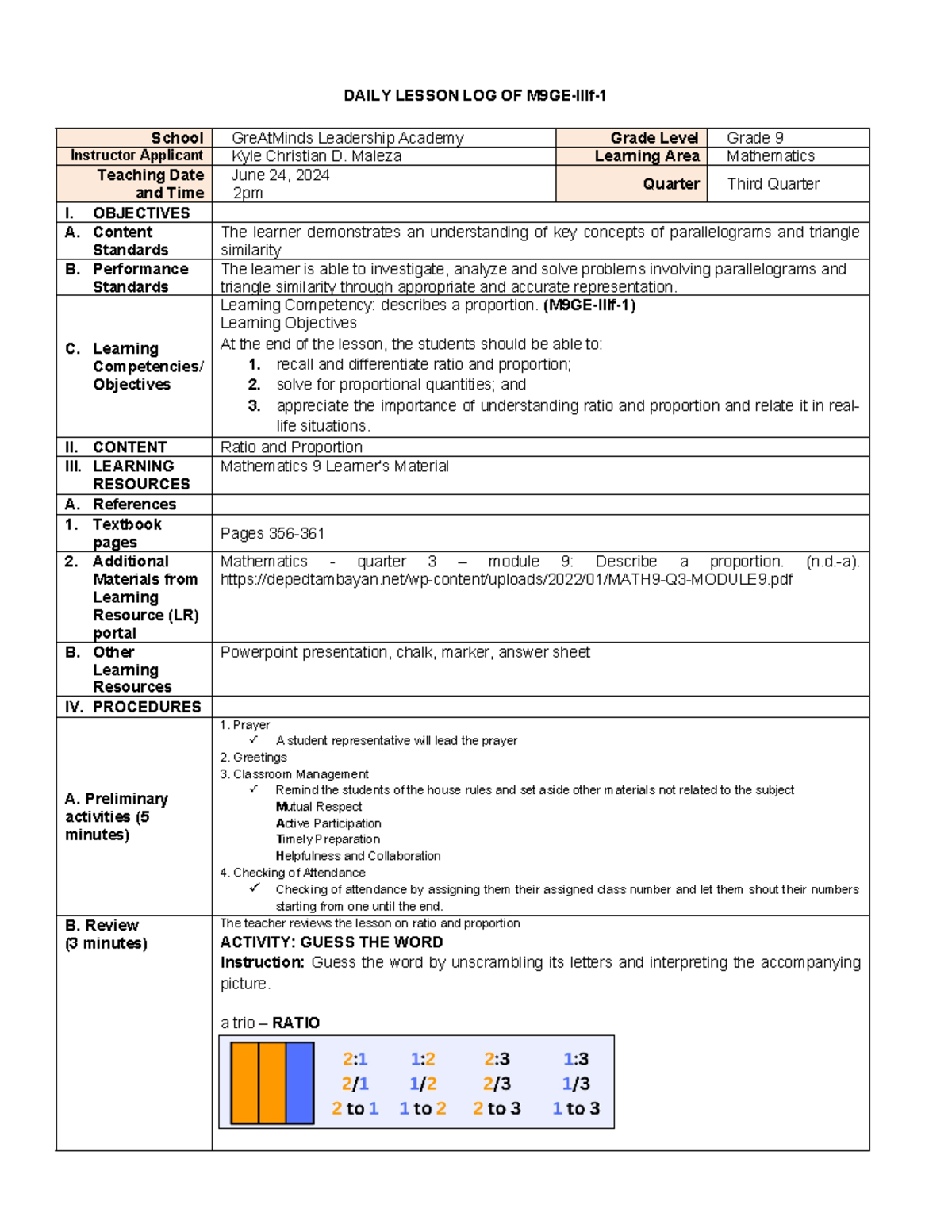 Lesson Plan 7: Understanding Ratios & Proportions (M9GE-IIIf) - Studocu