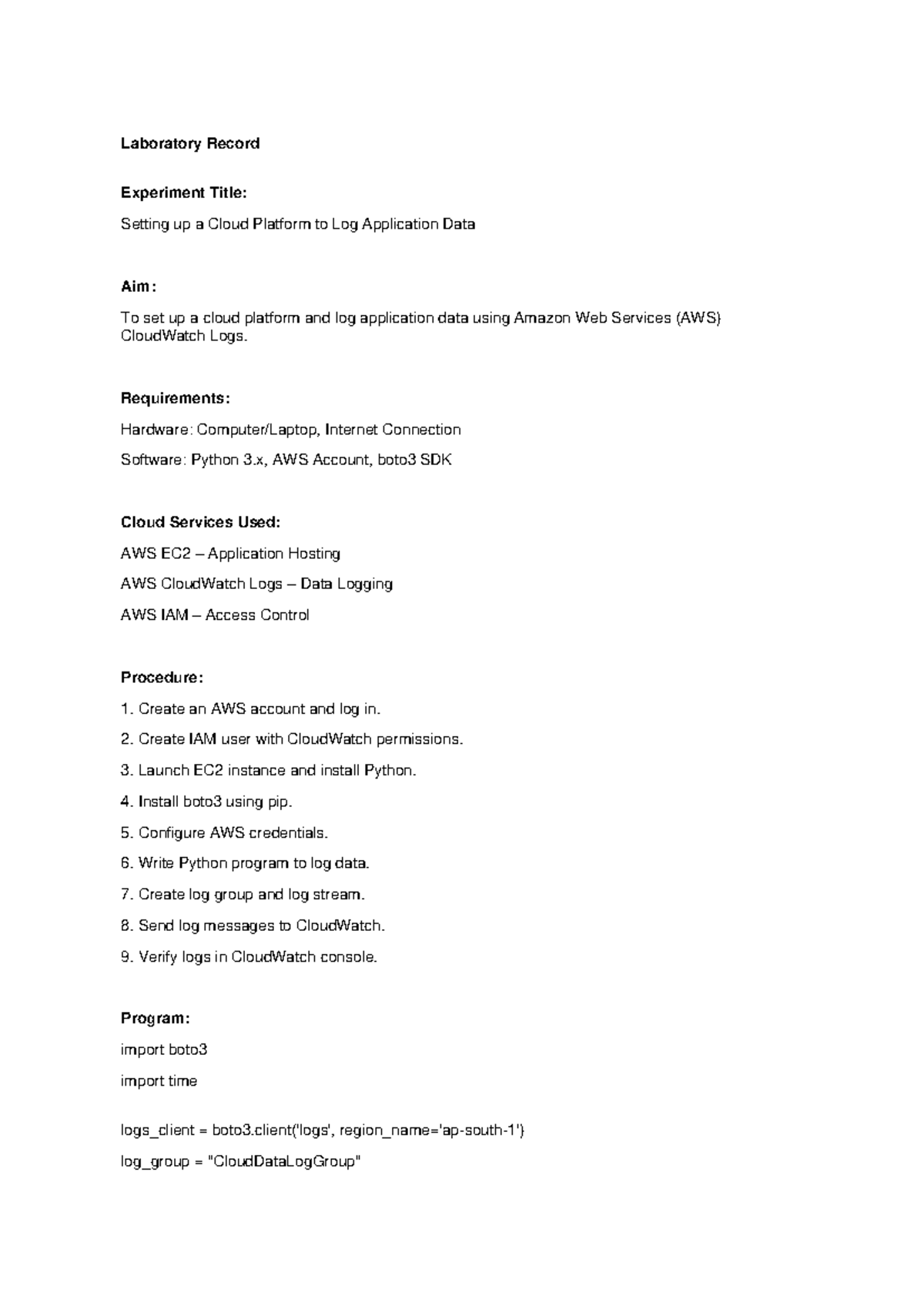 AWS Cloud Data Logging Lab Record: Setting Up CloudWatch Logs - Studocu