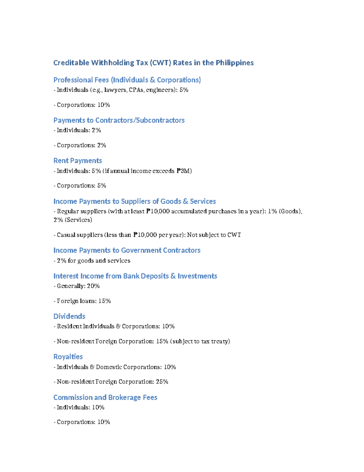 CWT Rates in the Philippines: Tax Overview and Key Figures - Studocu