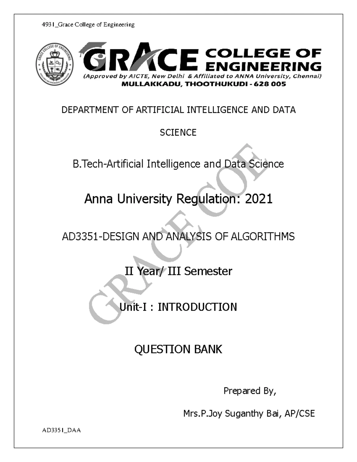 Design and Analysis of Algorithms - AD3351 Question Paper Nov-Dec 2022 ...