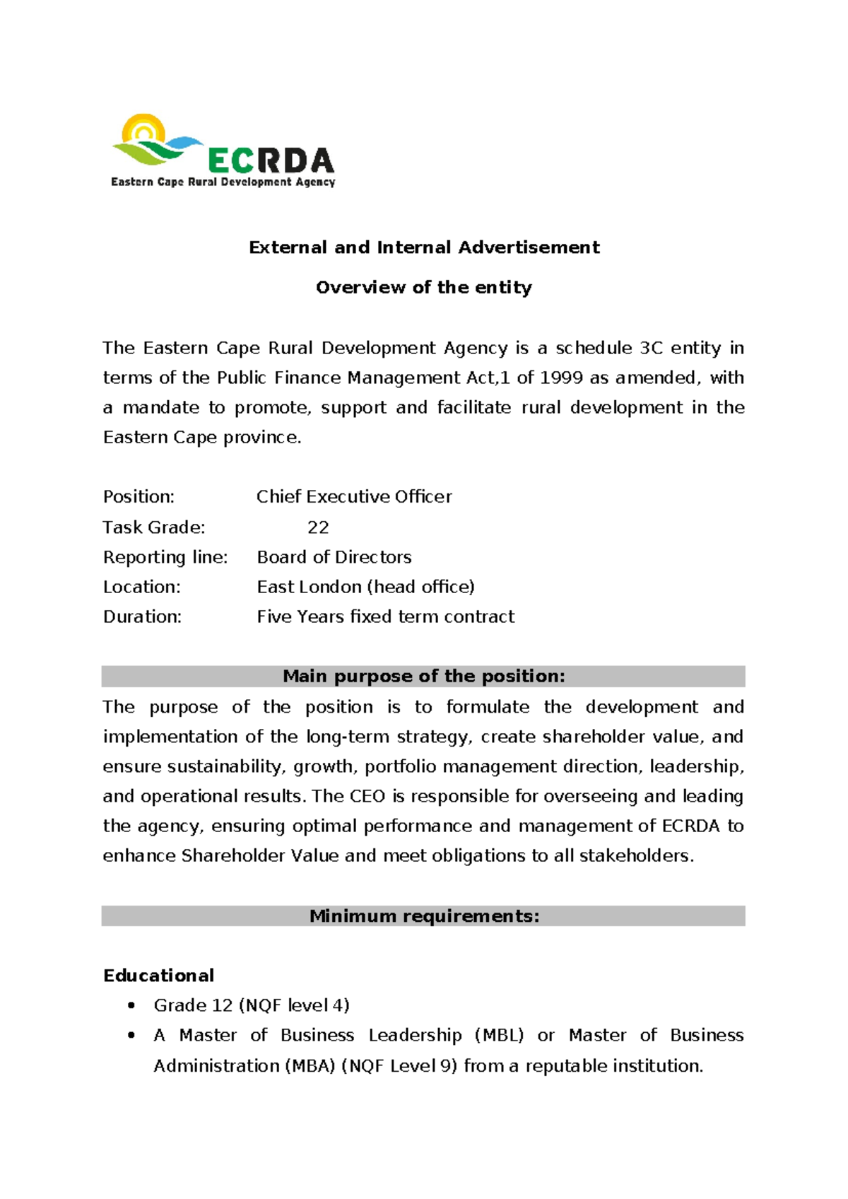 Advert CEO Oct 2024 - workforce - External and Internal Advertisement ...