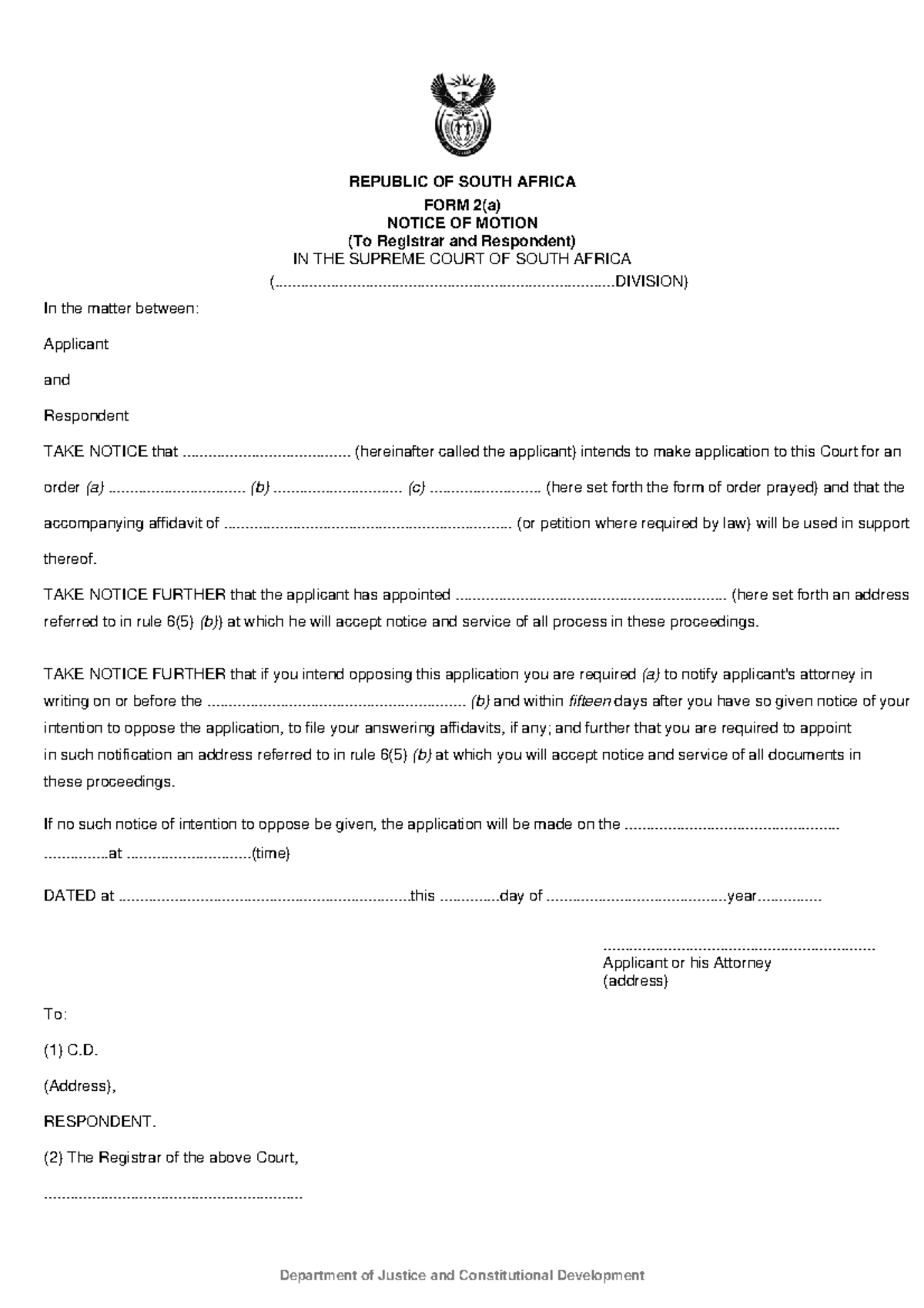 High Court Notice of Motion - Application in Supreme Court of SA - Studocu