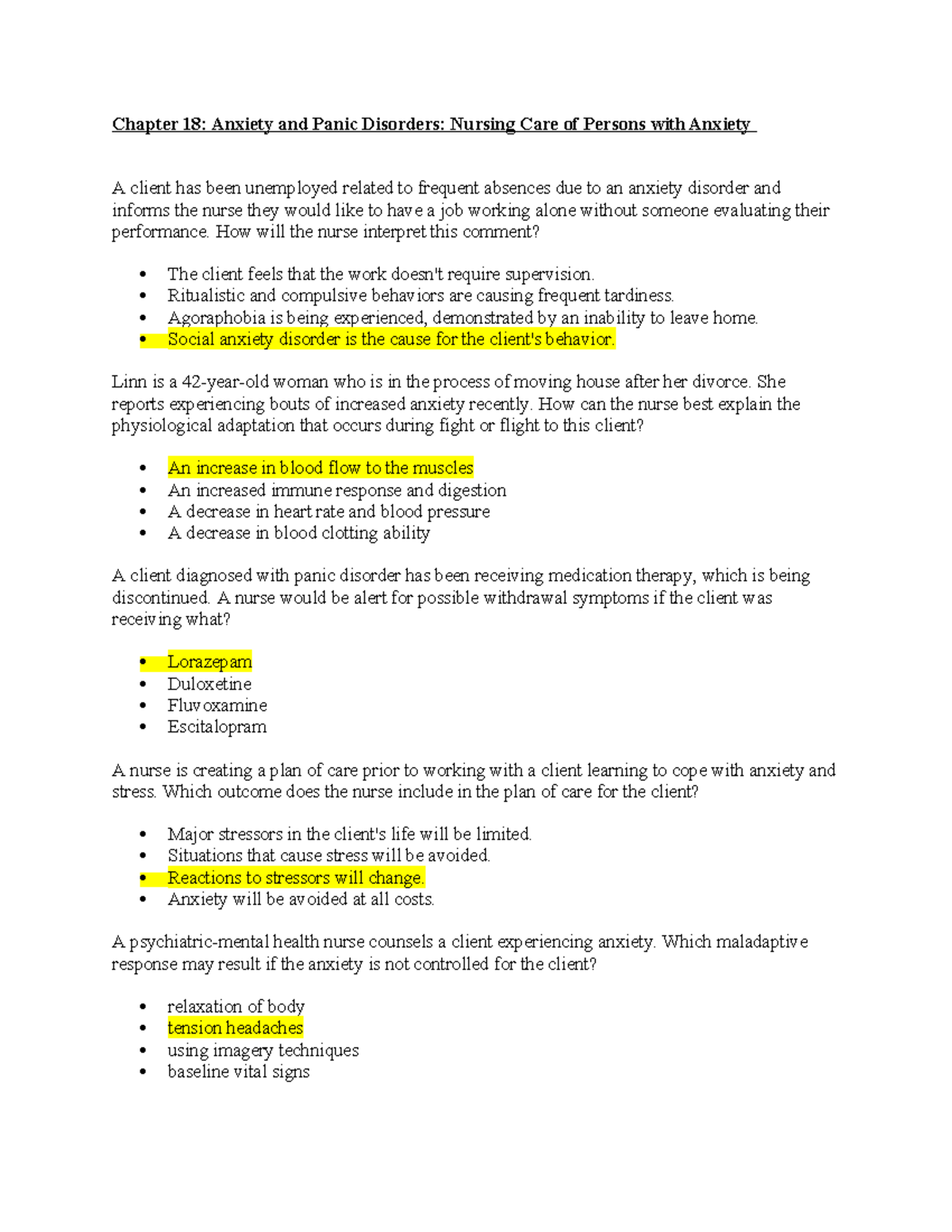 Chapter 18 - Q&A on Anxiety & Panic Disorders: Nursing Insights - Studocu