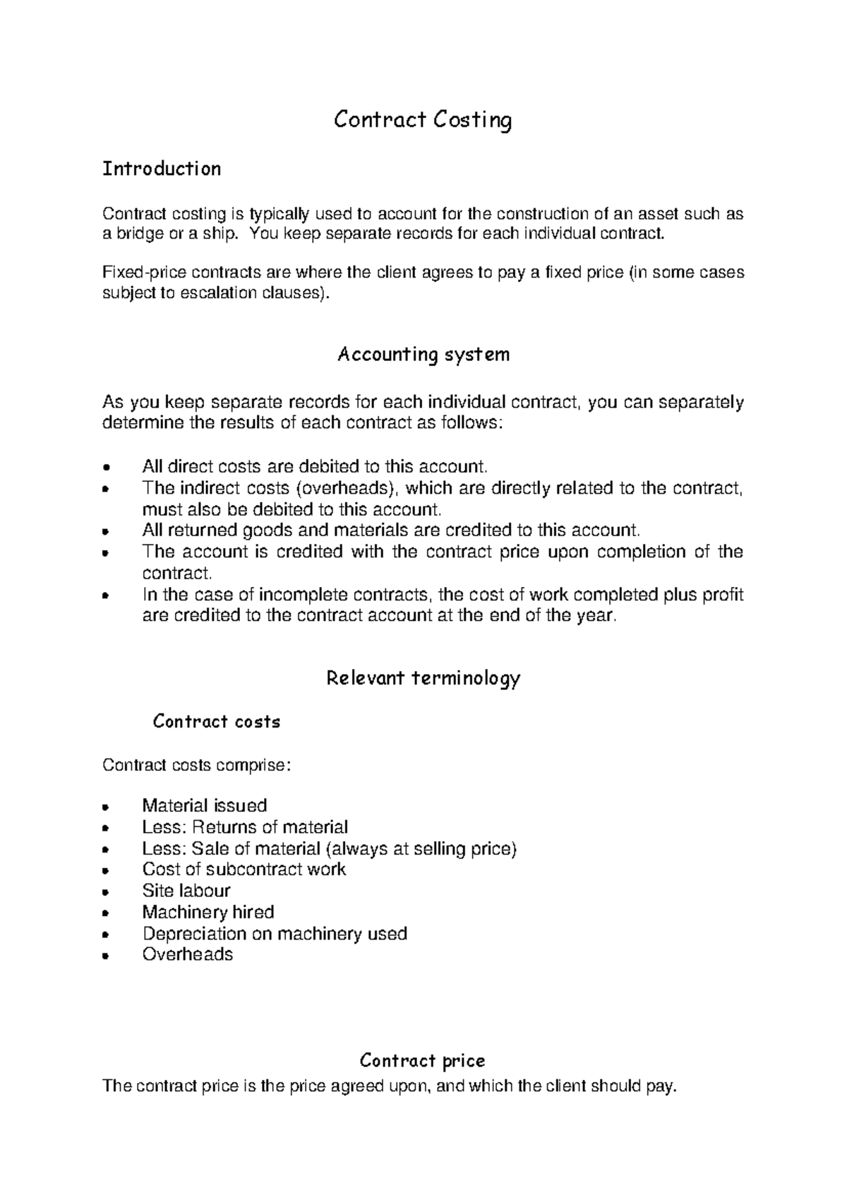 Contract Costing Overview: Principles and Calculations - Studocu