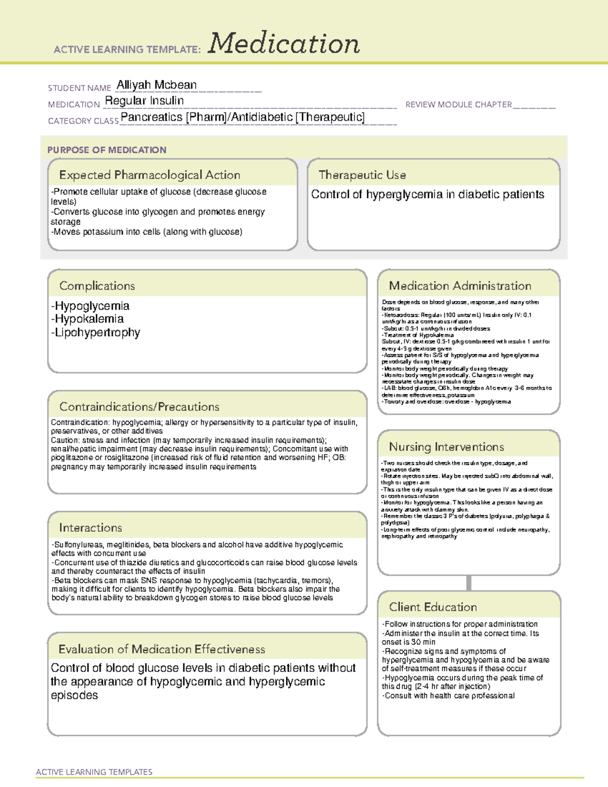 Regular Insulin: Medication Review Template for Clinical Use - Studocu